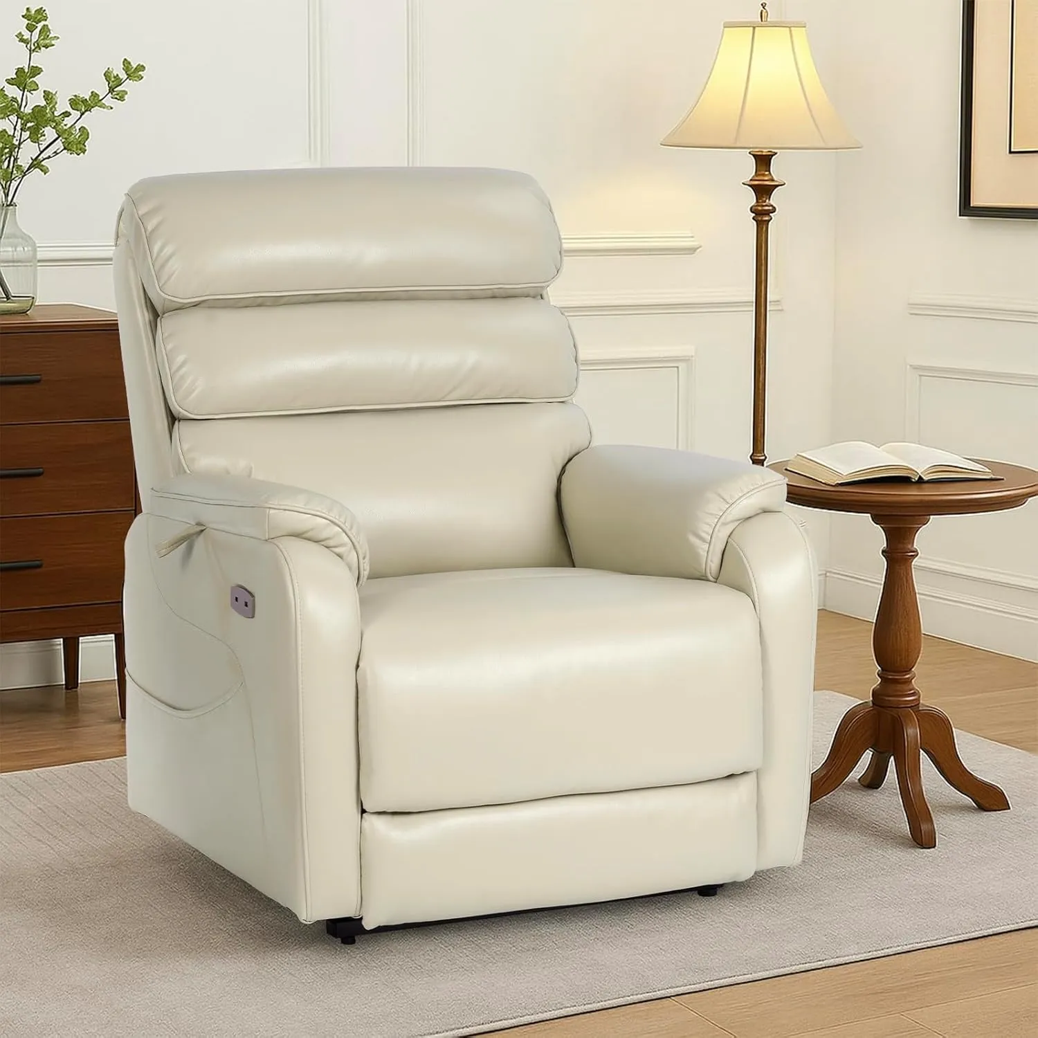 Dual Motor Lay Flat Power Lift Recliner Chair for Elderly, Leather Electric Lift Chairs for Adults, Power Recliner Lift Sofa with Heat and Massage and Charging Ports, Cream White