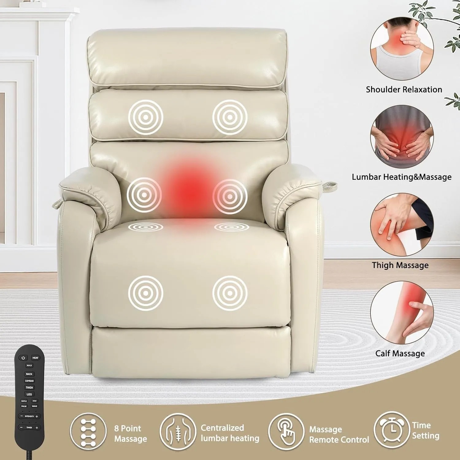 Dual Motor Lay Flat Power Lift Recliner Chair for Elderly, Leather Electric Lift Chairs for Adults, Power Recliner Lift Sofa with Heat and Massage and Charging Ports, Cream White