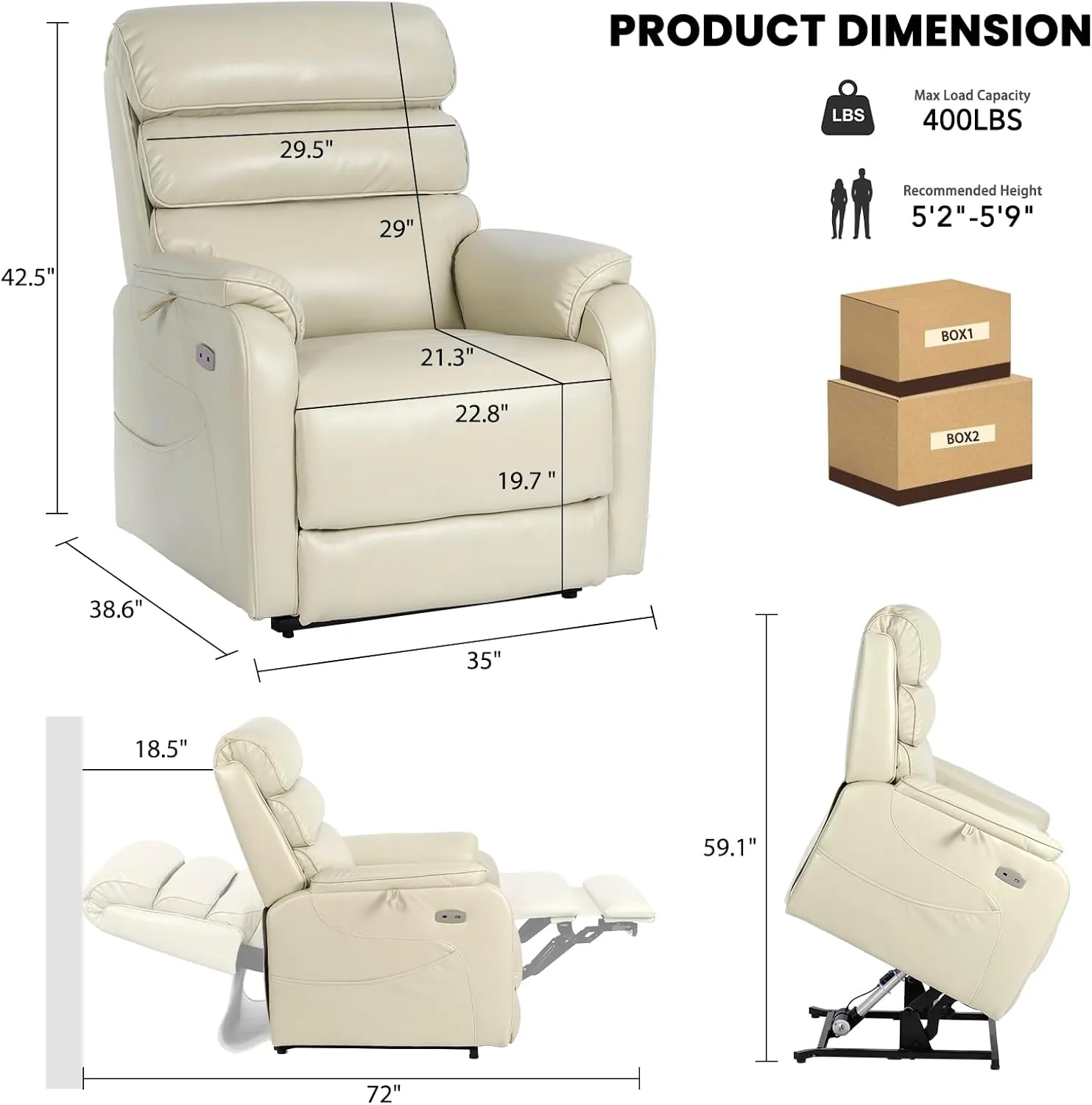Dual Motor Lay Flat Power Lift Recliner Chair for Elderly, Leather Electric Lift Chairs for Adults, Power Recliner Lift Sofa with Heat and Massage and Charging Ports, Cream White