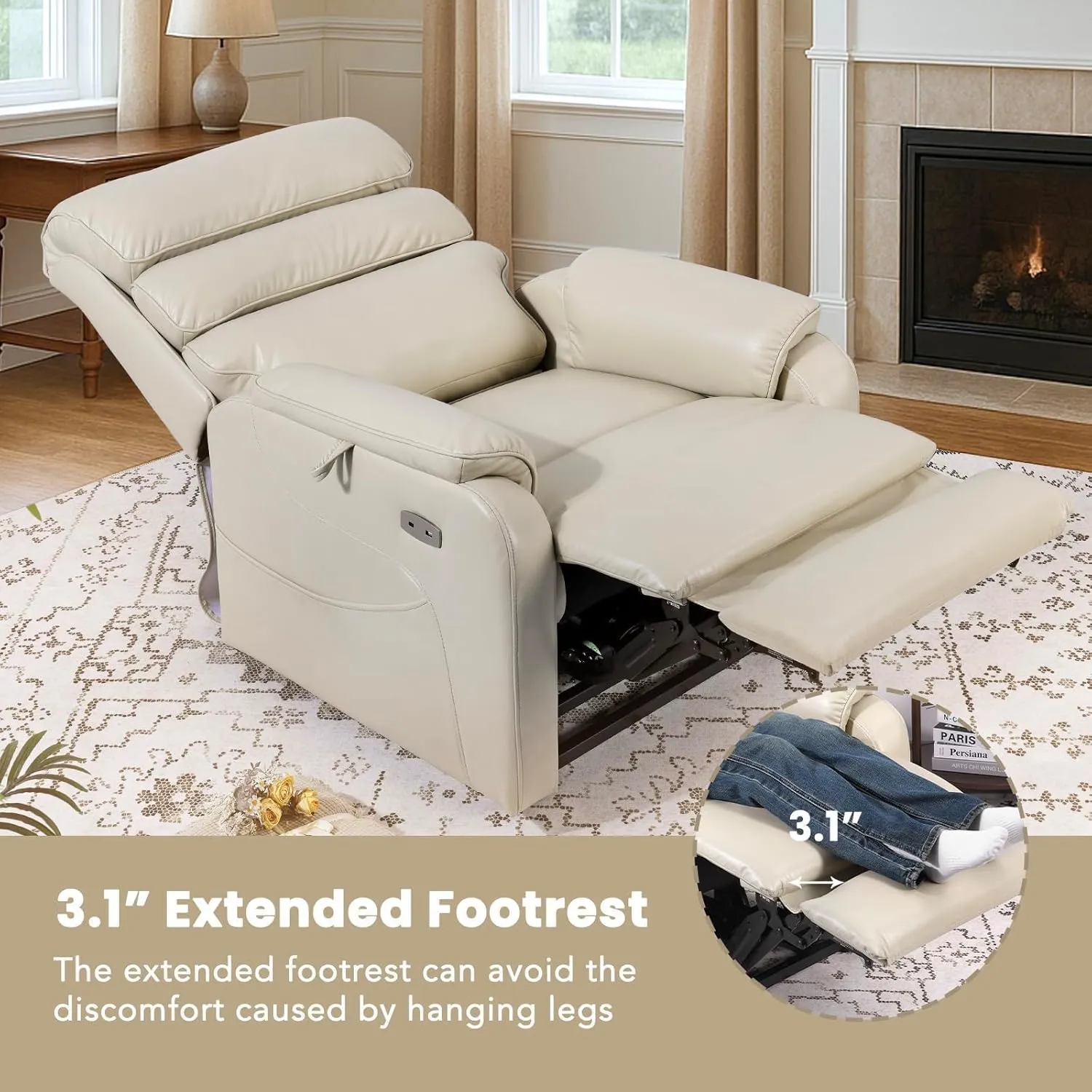 Dual Motor Lay Flat Power Lift Recliner Chair for Elderly, Leather Electric Lift Chairs for Adults, Power Recliner Lift Sofa with Heat and Massage and Charging Ports, Cream White