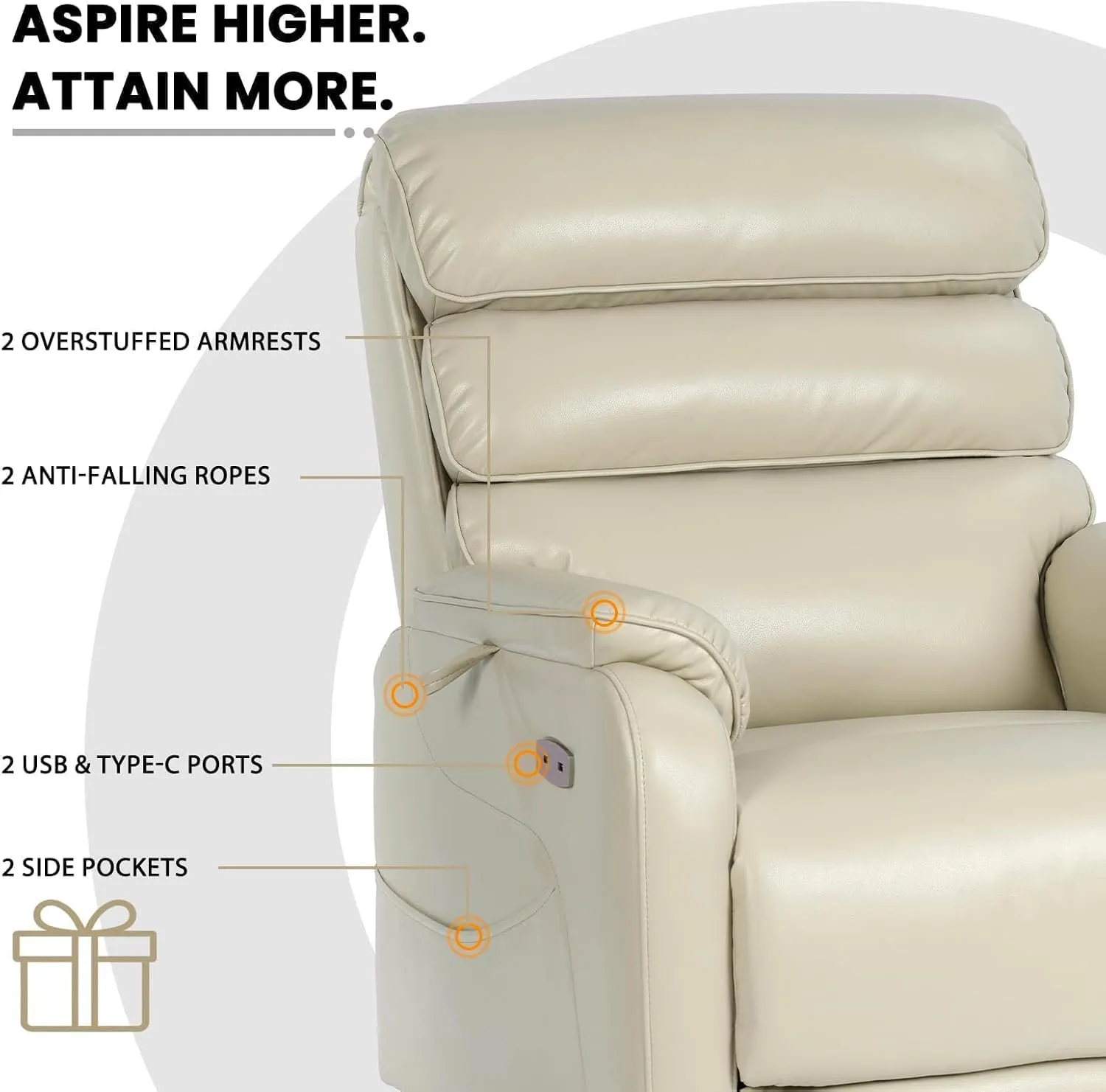 Dual Motor Lay Flat Power Lift Recliner Chair for Elderly, Leather Electric Lift Chairs for Adults, Power Recliner Lift Sofa with Heat and Massage and Charging Ports, Cream White