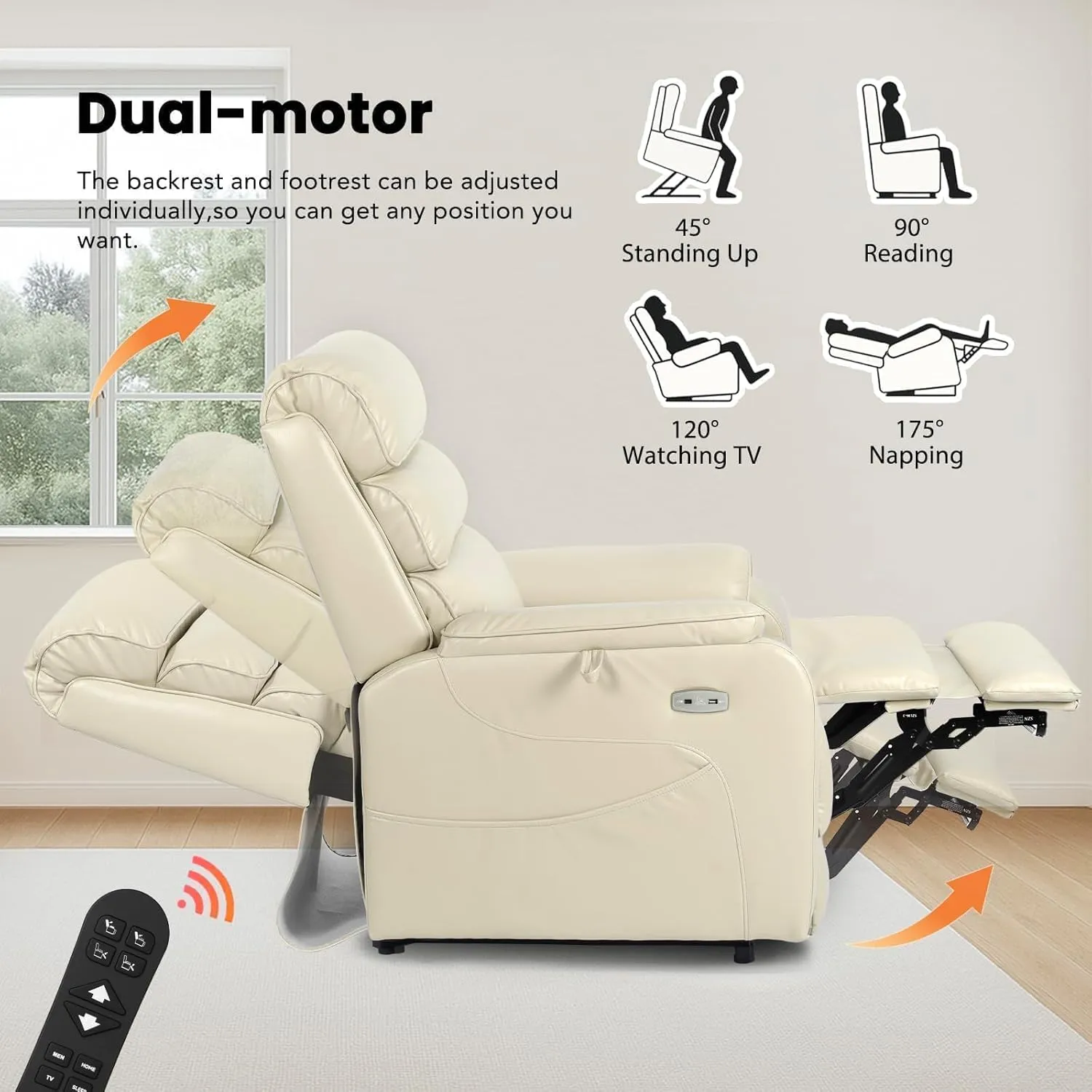 Dual Motor Lay Flat Power Lift Recliner Chair for Elderly, Leather Electric Lift Chairs for Adults, Power Recliner Lift Sofa with Heat and Massage and Charging Ports, Cream White