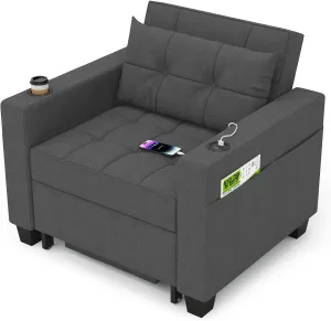 DURASPACE 36.6" Futon Chair Bed Convertible Chair 3-in-1 Pull Out Sleeper Reading Chair Beds with USB, Armchair Sleeper Bed for Living Room, Dorm, Small Space (Dark Gray Linen)