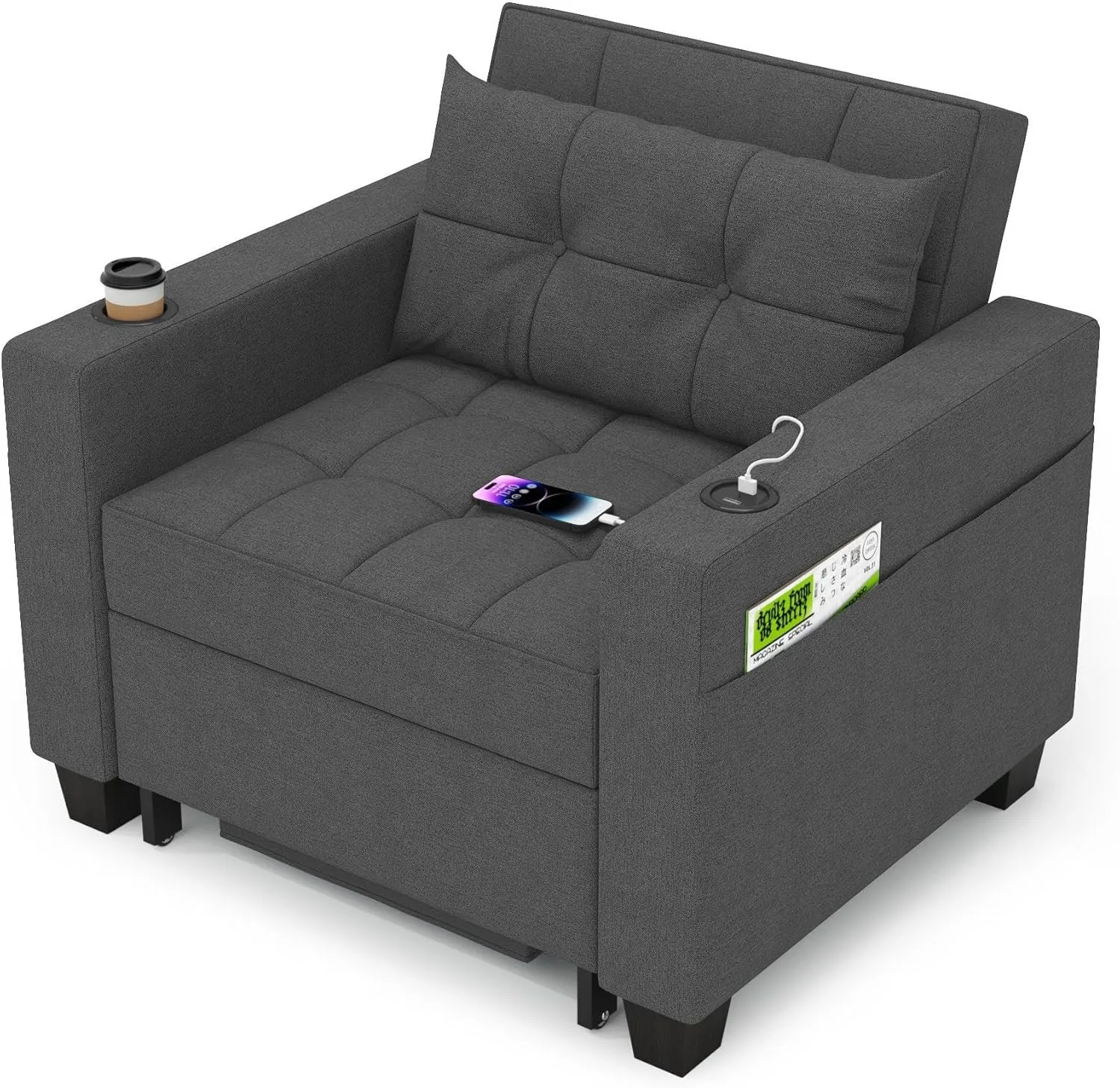 DURASPACE 36.6" Futon Chair Bed Convertible Chair 3-in-1 Pull Out Sleeper Reading Chair Beds with USB, Armchair Sleeper Bed for Living Room, Dorm, Small Space (Dark Gray Linen)