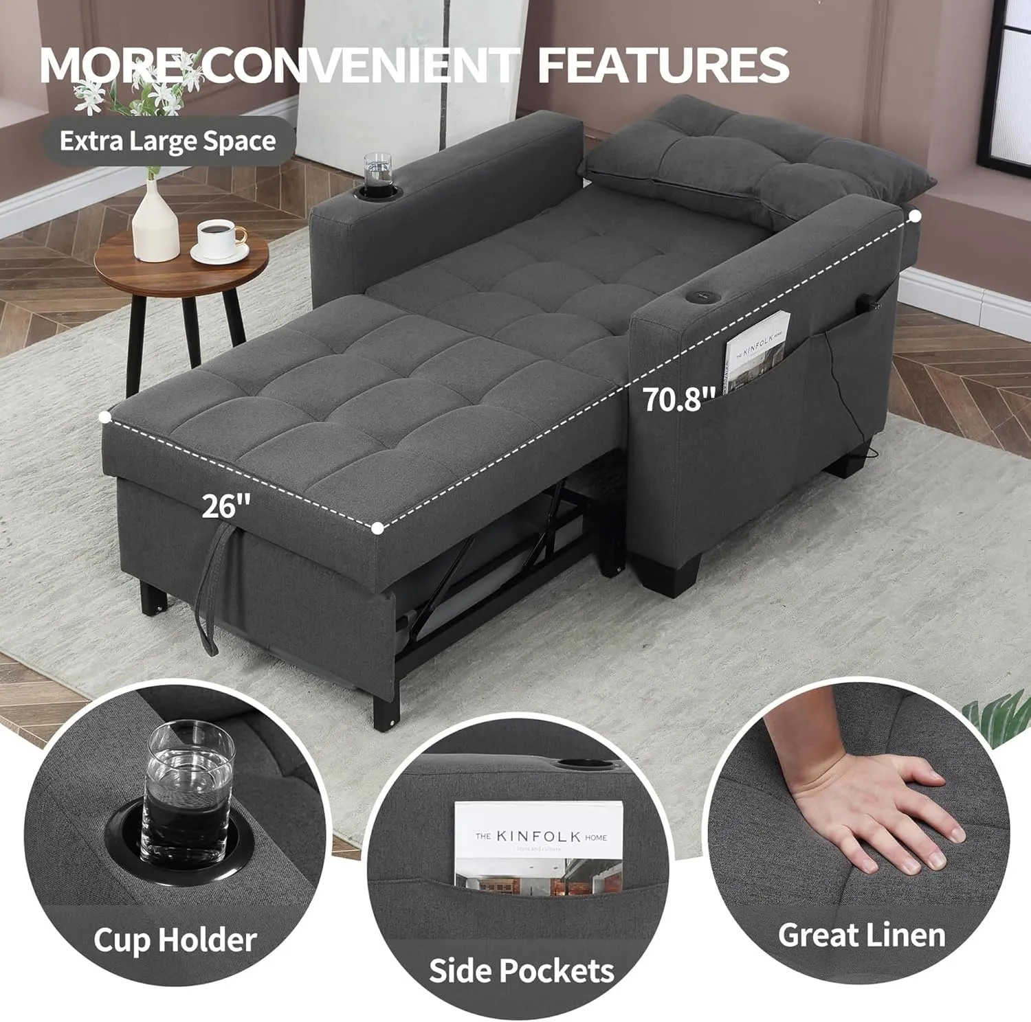 DURASPACE 36.6" Futon Chair Bed Convertible Chair 3-in-1 Pull Out Sleeper Reading Chair Beds with USB, Armchair Sleeper Bed for Living Room, Dorm, Small Space (Dark Gray Linen)