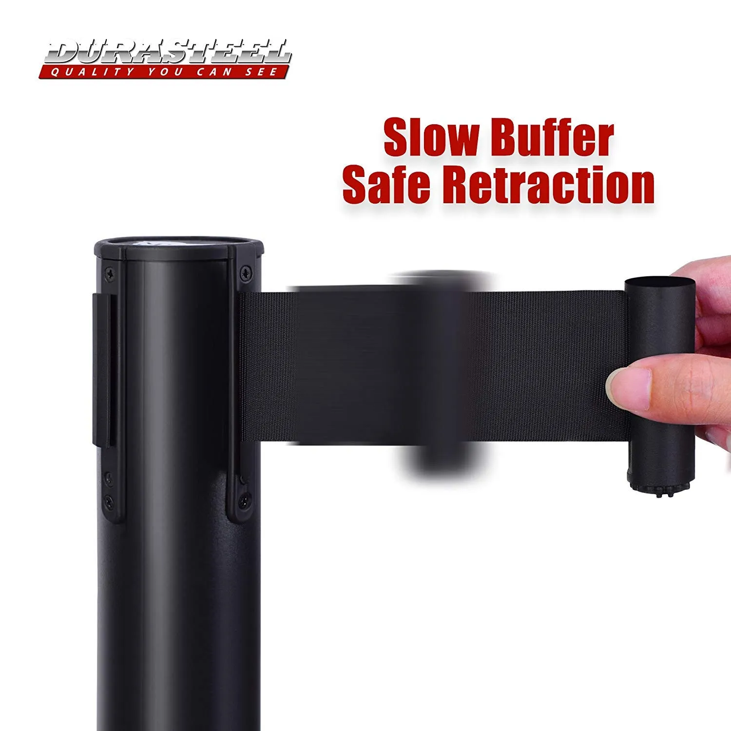 DuraSteel Crowd Control Barriers Line Dividers - Metal Stanchion Posts with 6.5ft Black Retractable Belt Ropes - for Store Queues, Airport Lines, Event Entries - 2 Set/Pack