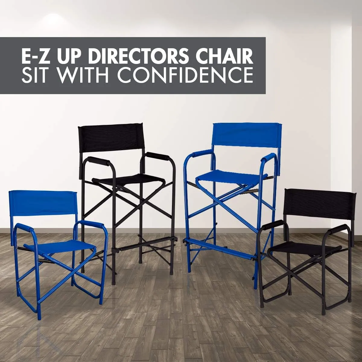 E-Z UP Standard Height Directors Chair, Seat 17.5” High, Padded Armrests and Storage Bag, Blue