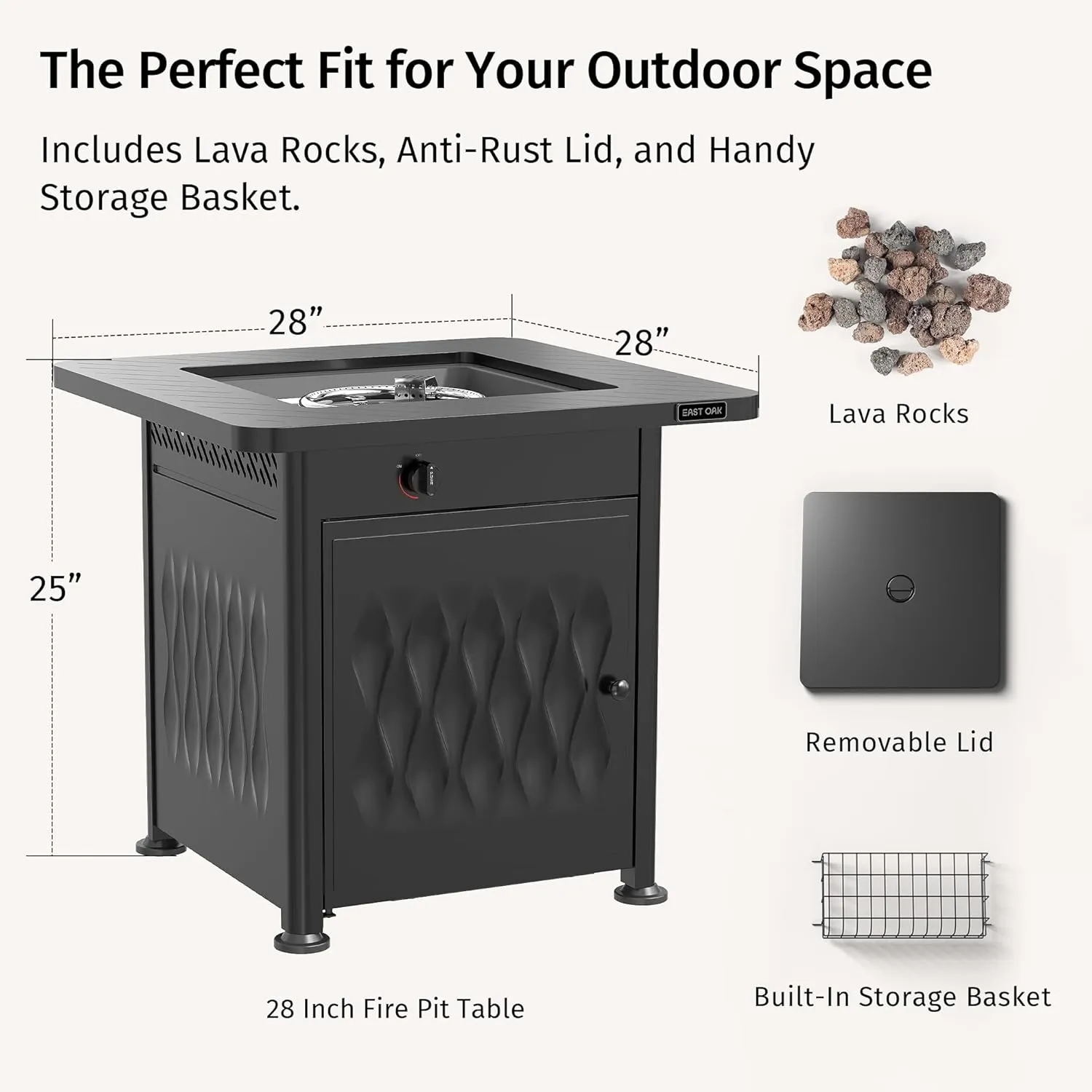 EAST OAK 28" Outdoor Propane Fire Pit Table | 52,000 BTU Gas Fire Pit Table for Outside with Magnetic Lid | Storage Basket & Lava Rocks | CSA Certified for Patio, Garden & Backyard | Black