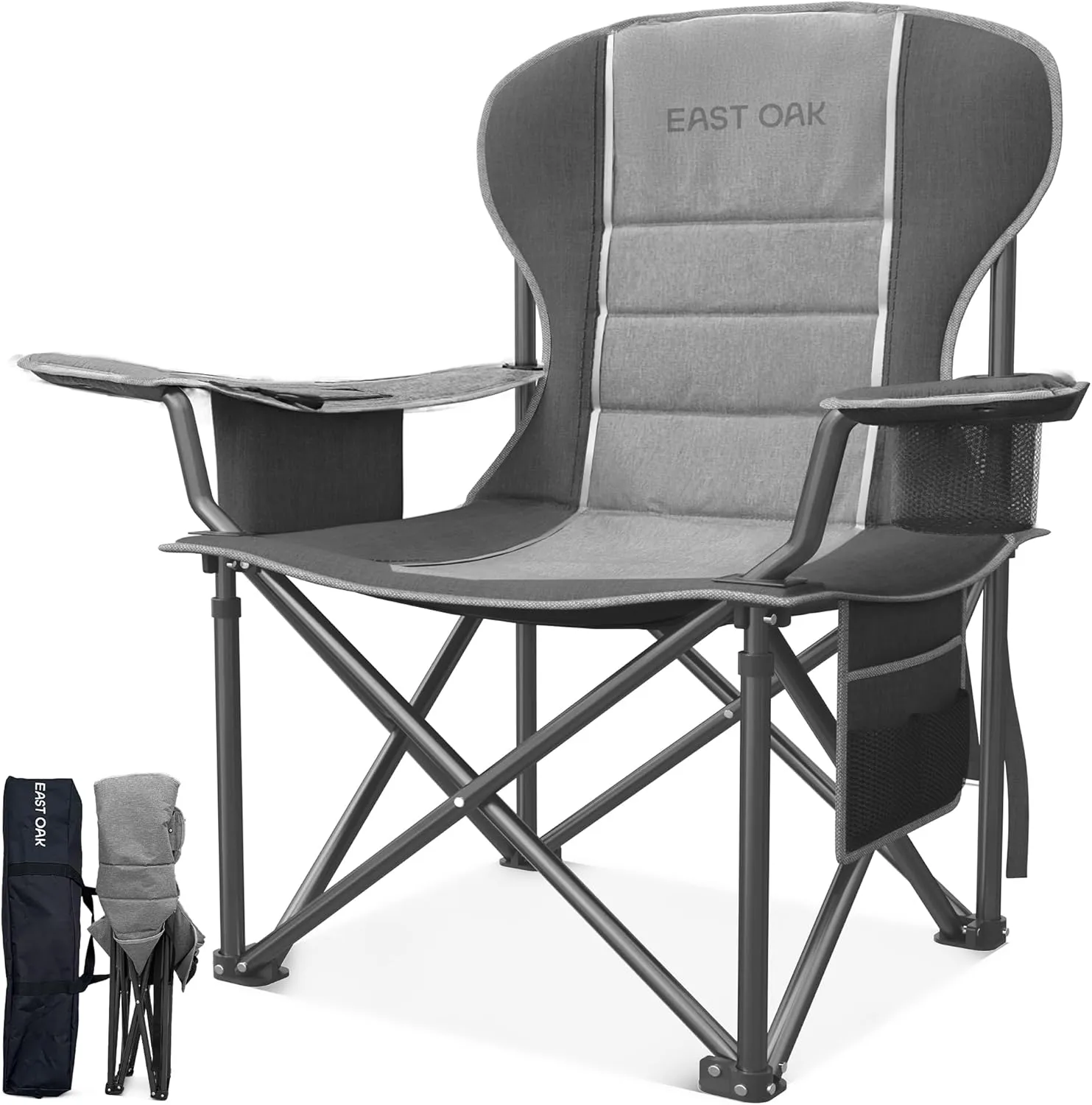EAST OAK Oversized Camping Chair | Heavy Duty Camping Chairs for Adults | 500LBS Support, 600D Oxford, Cup Holder & Side Pocket | Ideal for Camping, Beach, Sports Events, Backyard & Tailgating | Gray