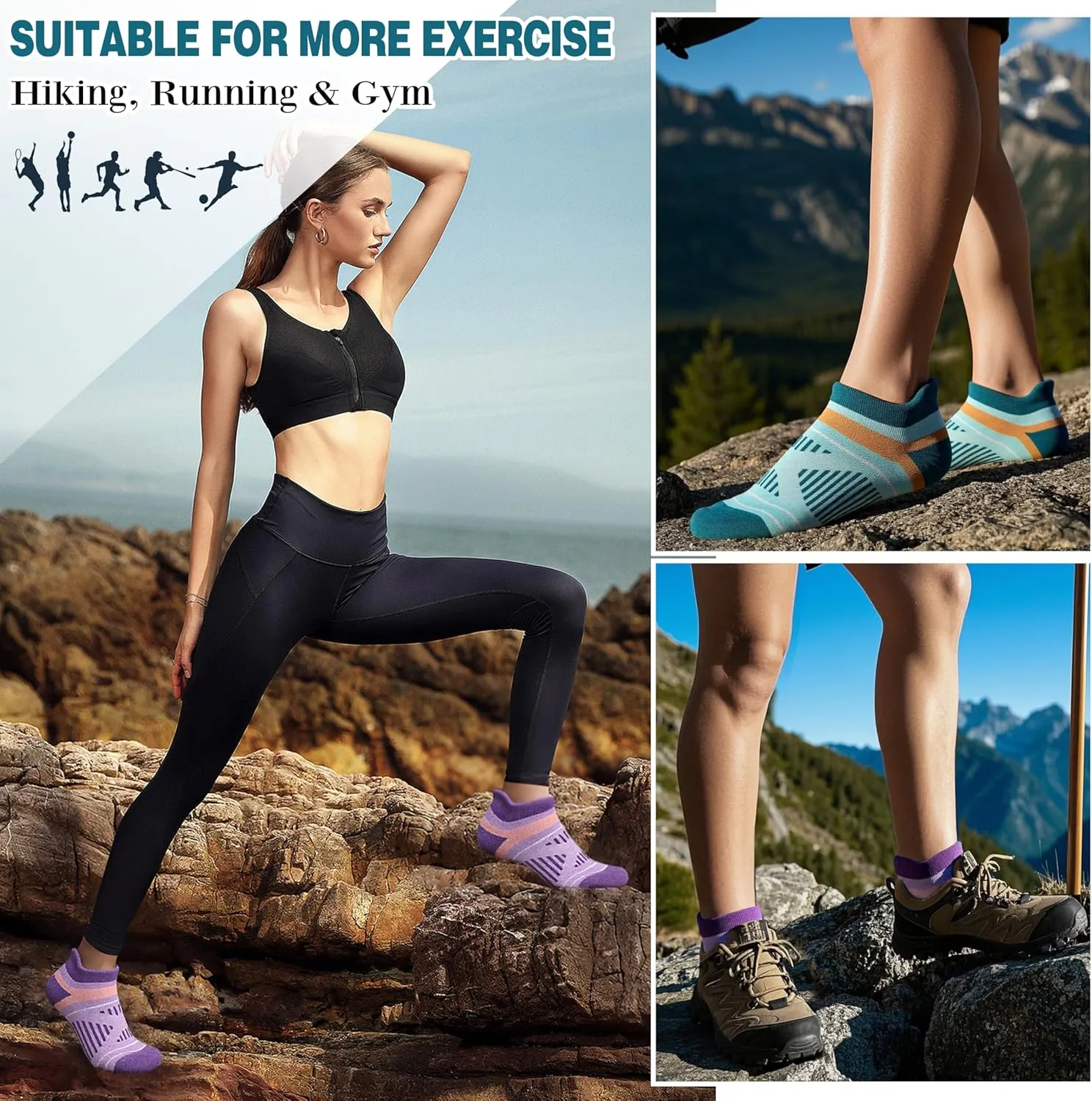 EBMORE 6 Pairs Merino Wool Ankle Hiking Running Socks Compression Support Thick Cushion No Show Socks for Men Women