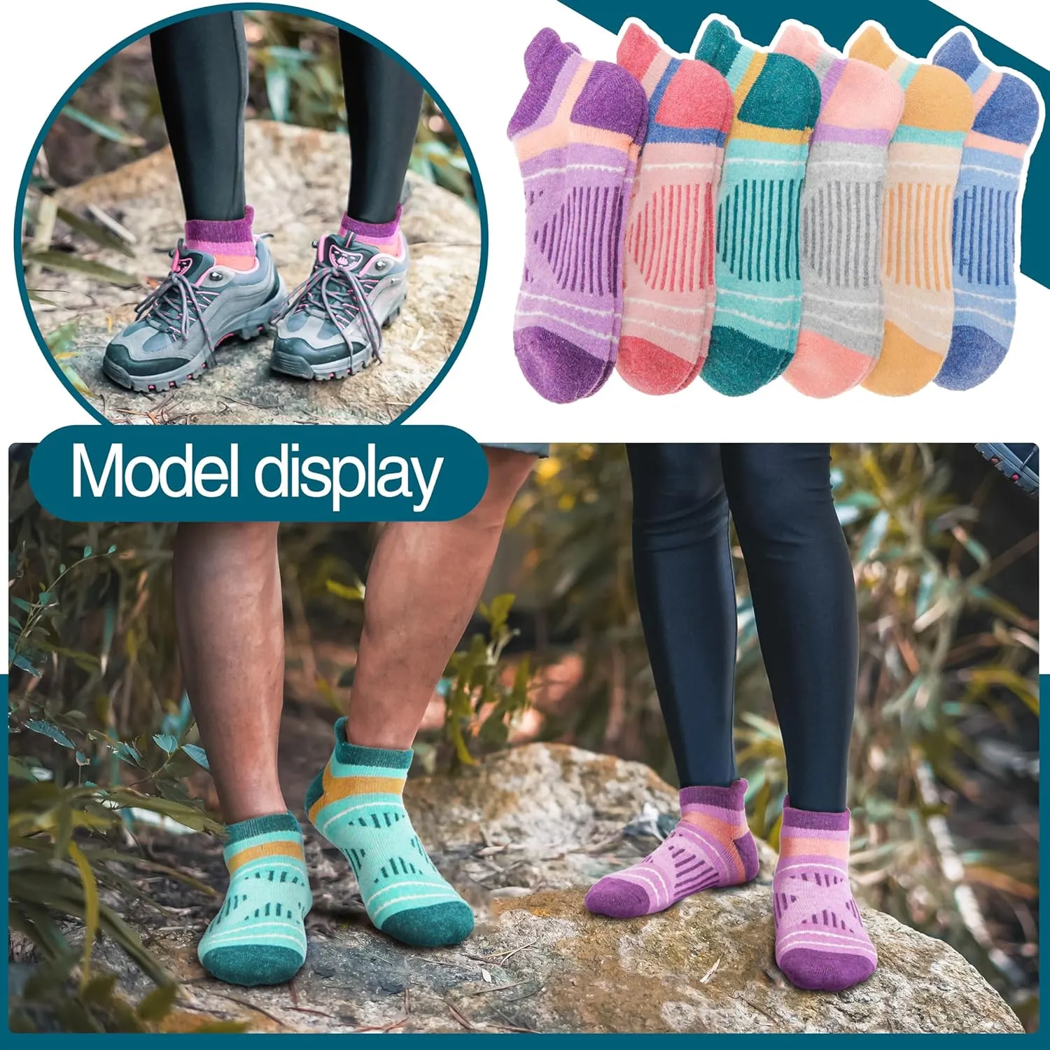 EBMORE 6 Pairs Merino Wool Ankle Hiking Running Socks Compression Support Thick Cushion No Show Socks for Men Women