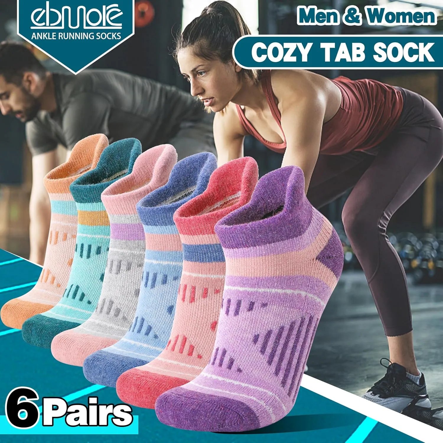 EBMORE 6 Pairs Merino Wool Ankle Hiking Running Socks Compression Support Thick Cushion No Show Socks for Men Women