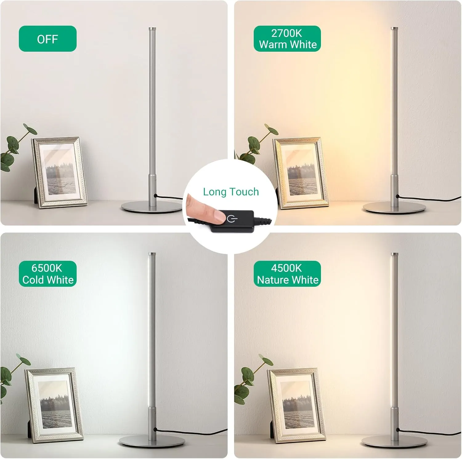 EDISHINE LED Table Lamp, Minimalist Bedside Lamp with 3 Dimmable Color Temperature, Touch Controller, Coner Light for Bedroom Nightstand, Living Room, Gift, Reading, Metal Finish, Silver, 6W