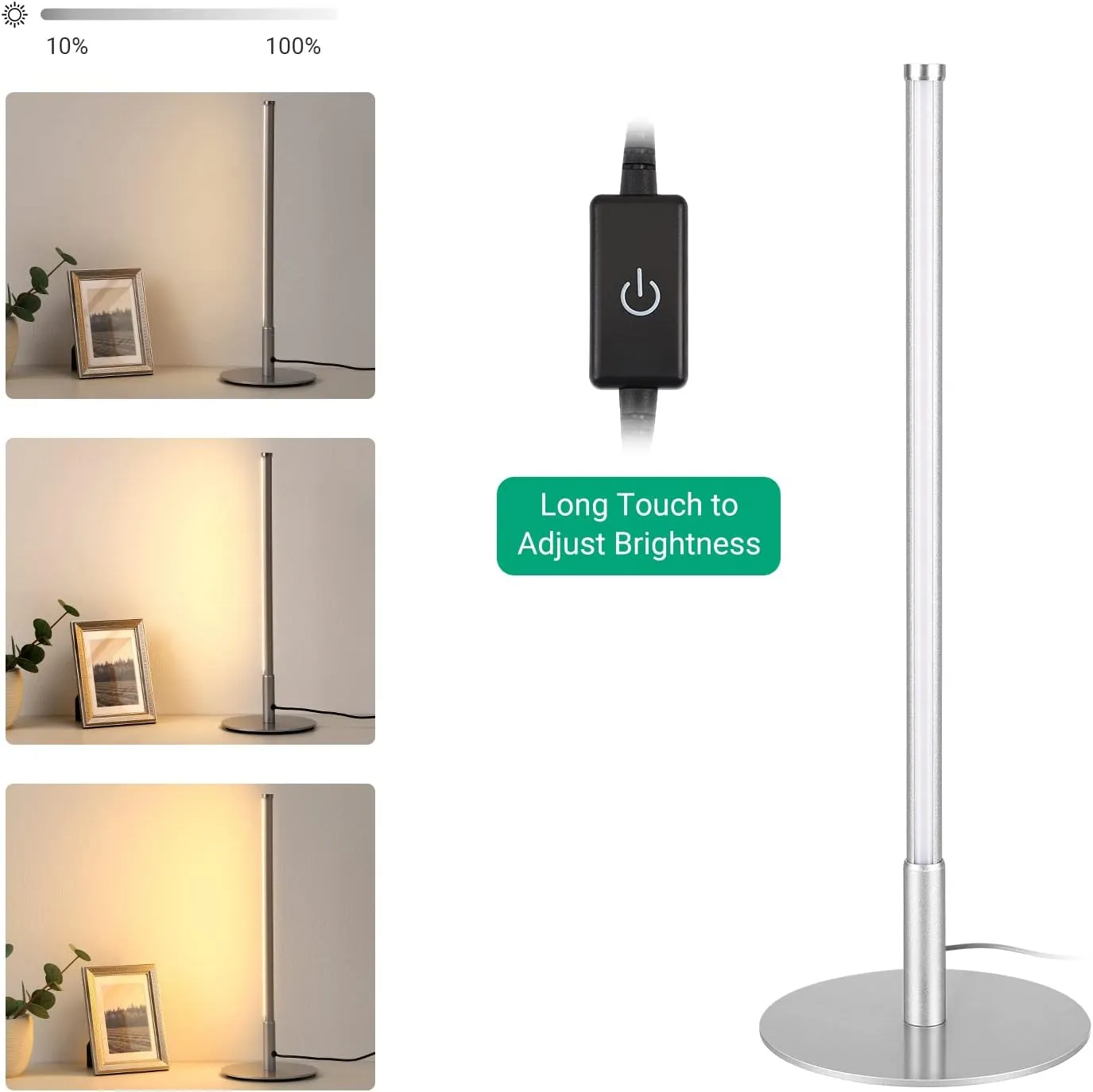 EDISHINE LED Table Lamp, Minimalist Bedside Lamp with 3 Dimmable Color Temperature, Touch Controller, Coner Light for Bedroom Nightstand, Living Room, Gift, Reading, Metal Finish, Silver, 6W