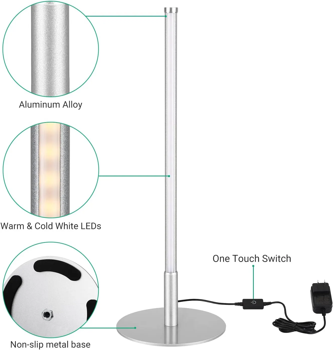 EDISHINE LED Table Lamp, Minimalist Bedside Lamp with 3 Dimmable Color Temperature, Touch Controller, Coner Light for Bedroom Nightstand, Living Room, Gift, Reading, Metal Finish, Silver, 6W