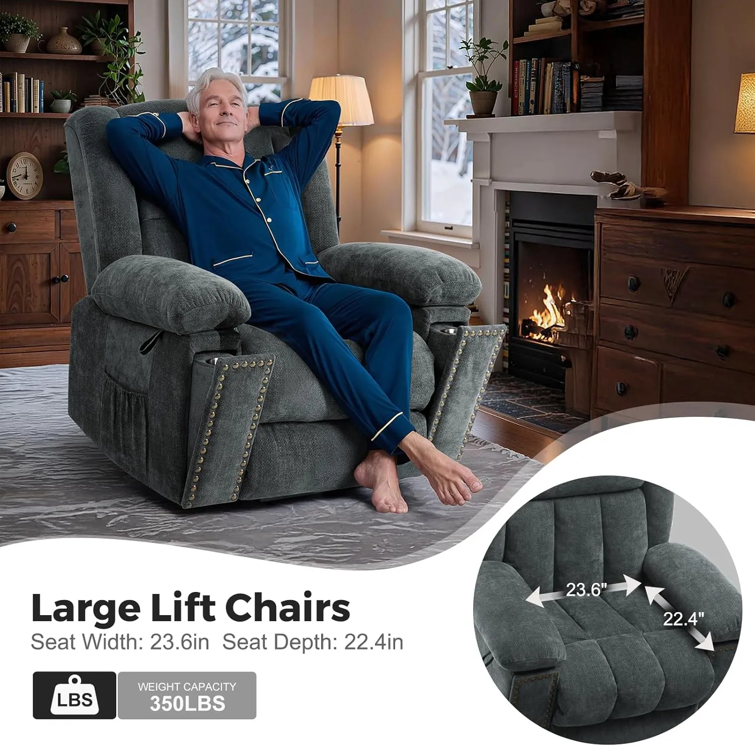 Electric Power Lift Recliner Chair for Elderly with Heat & Massage, Chenille Large Reclining Chairs w/2 Concealed Cup Holders for Seniors Home Living Room,1PC,Grey Blue