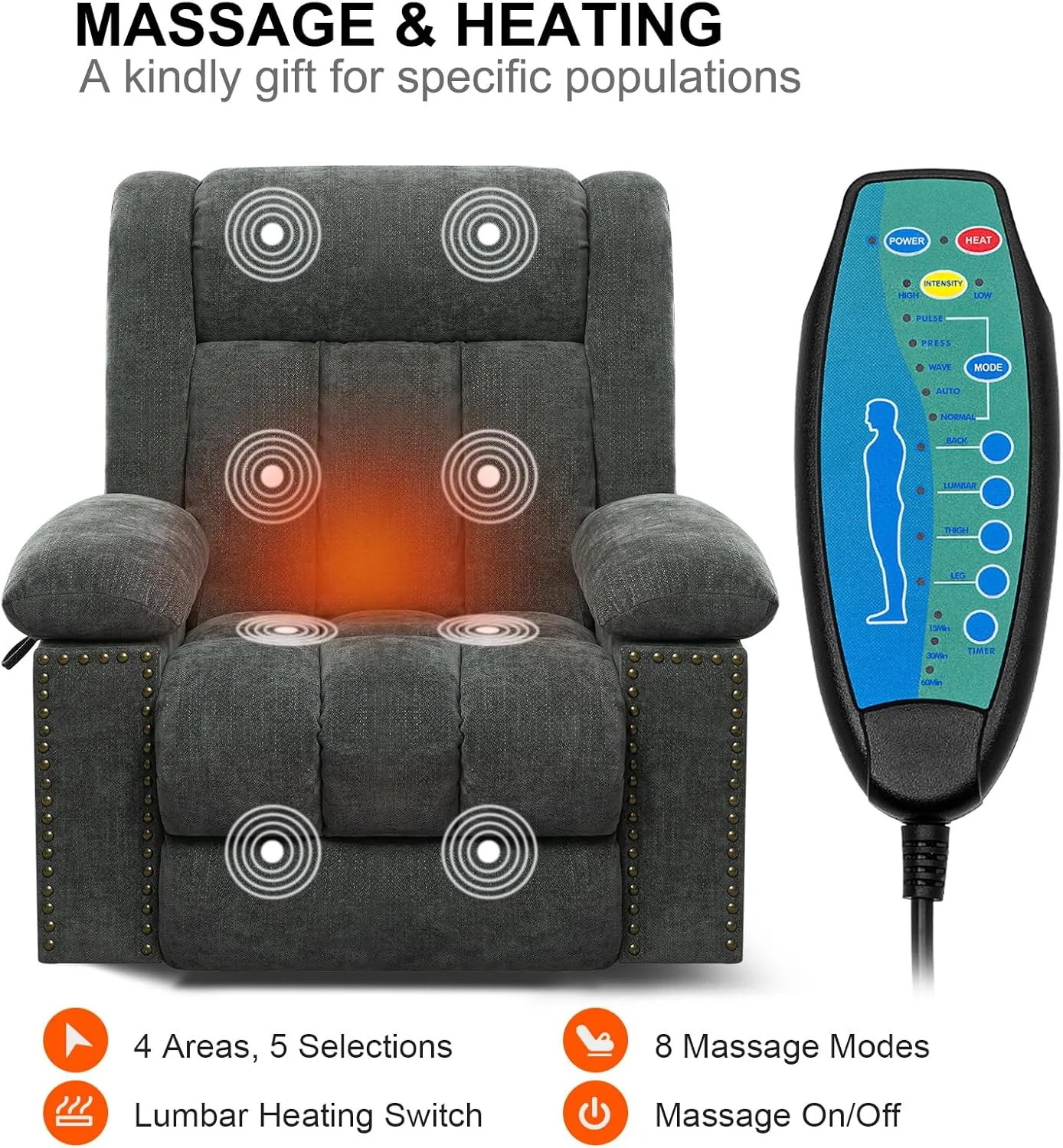 Electric Power Lift Recliner Chair for Elderly with Heat & Massage, Chenille Large Reclining Chairs w/2 Concealed Cup Holders for Seniors Home Living Room,1PC,Grey Blue