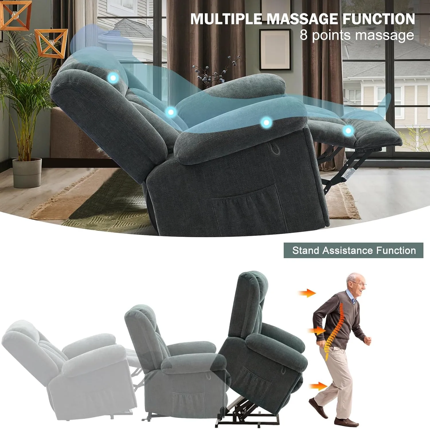 Electric Power Lift Recliner Chair for Elderly with Heat & Massage, Chenille Large Reclining Chairs w/2 Concealed Cup Holders for Seniors Home Living Room,1PC,Grey Blue