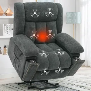 Electric Power Lift Recliner Chair for Elderly with Heat & Massage, Chenille Large Reclining Chairs w/2 Concealed Cup Holders for Seniors Home Living Room,1PC,Grey Blue