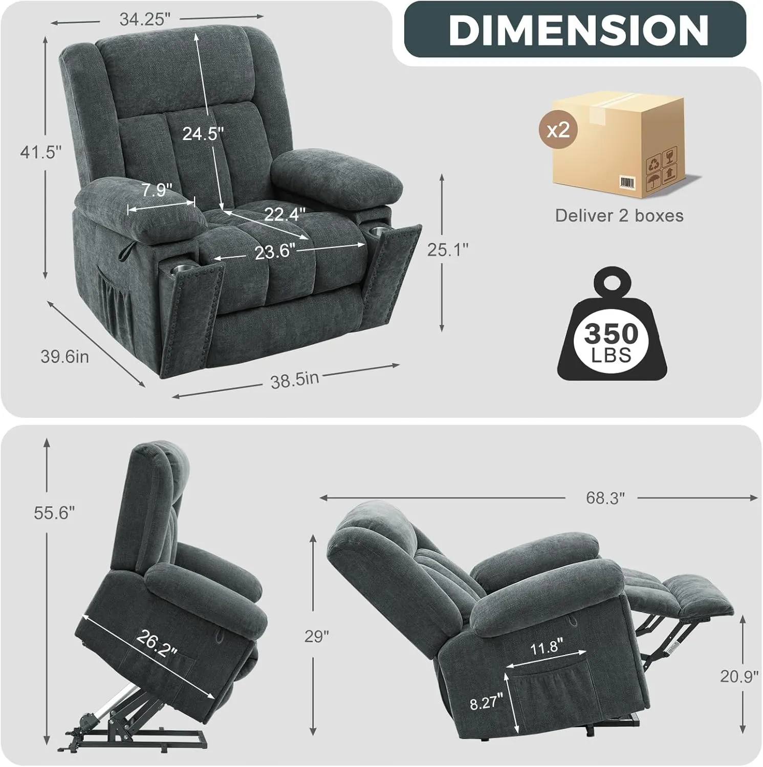 Electric Power Lift Recliner Chair for Elderly with Heat & Massage, Chenille Large Reclining Chairs w/2 Concealed Cup Holders for Seniors Home Living Room,1PC,Grey Blue