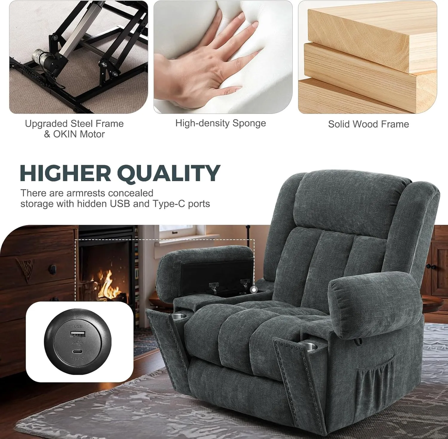 Electric Power Lift Recliner Chair for Elderly with Heat & Massage, Chenille Large Reclining Chairs w/2 Concealed Cup Holders for Seniors Home Living Room,1PC,Grey Blue