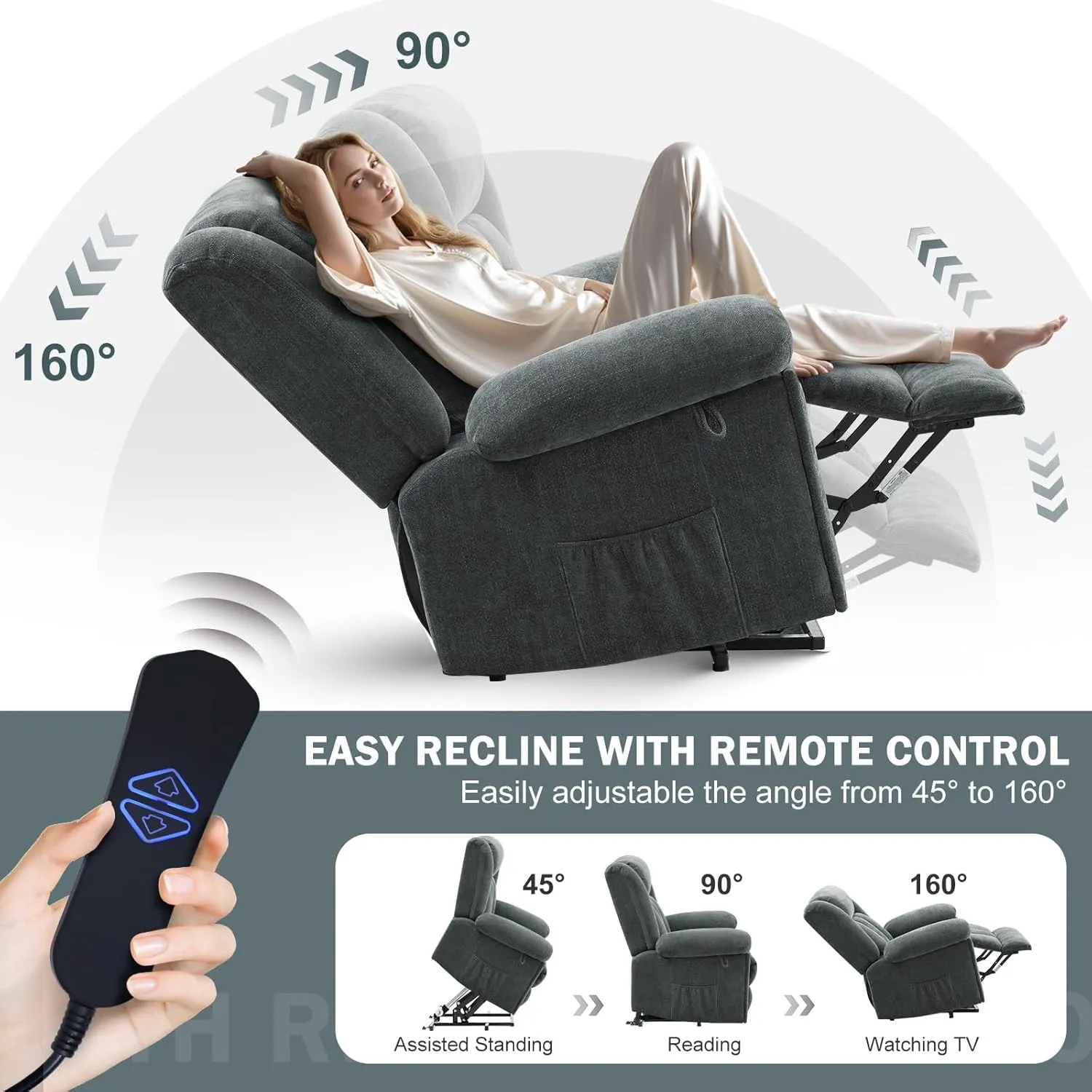 Electric Power Lift Recliner Chair for Elderly with Heat & Massage, Chenille Large Reclining Chairs w/2 Concealed Cup Holders for Seniors Home Living Room,1PC,Grey Blue