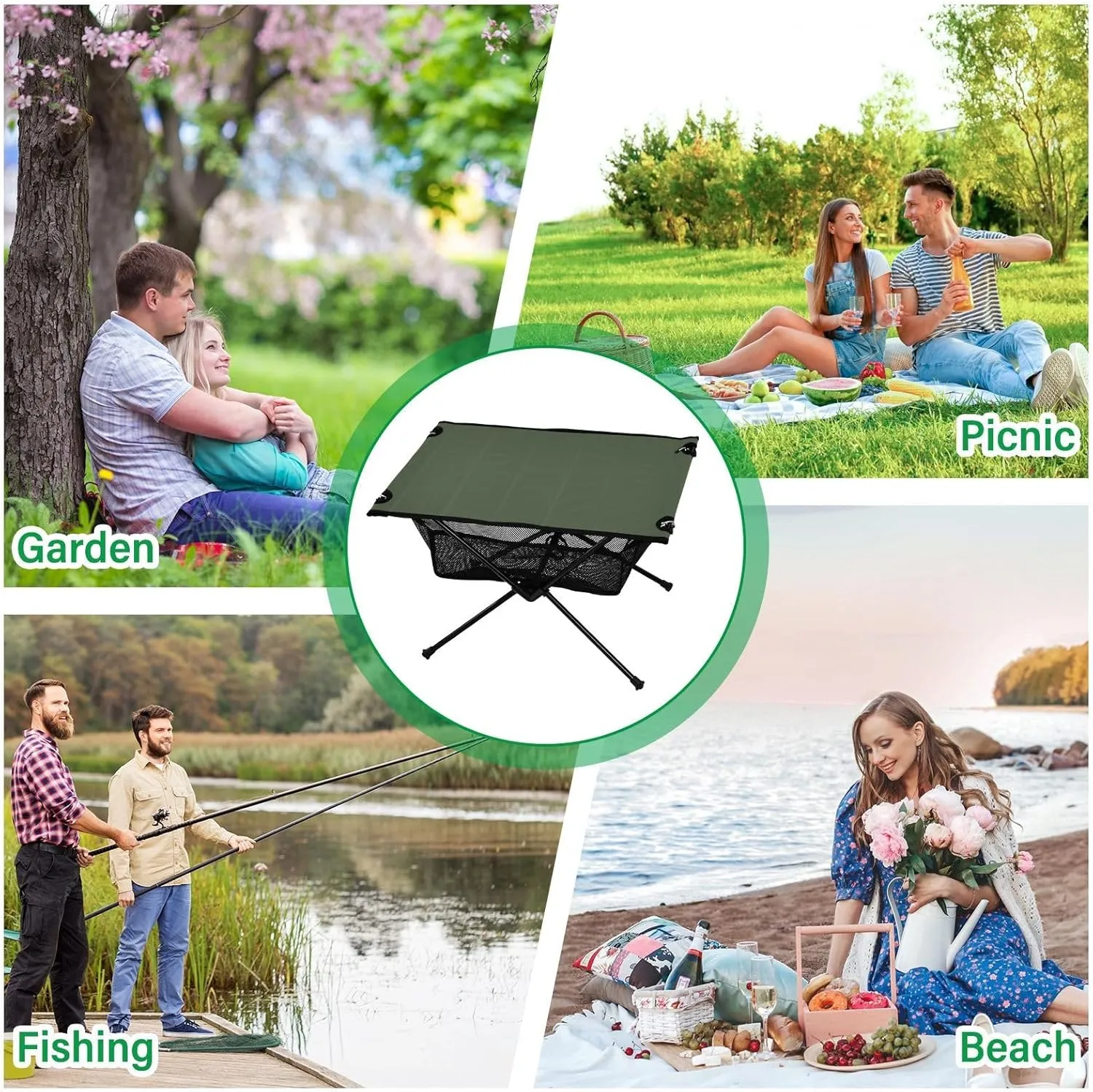 Emelivor Earthy Green Folding Camping Table Portable Beach Table with Carry Bag Small Foldable Table for Outdoor Hiking Picnic Travel Beach