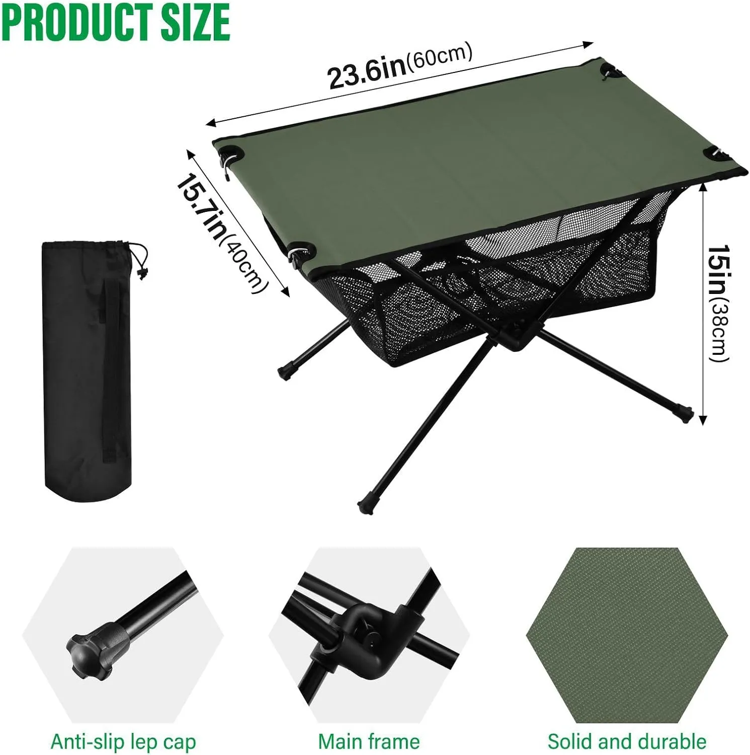 Emelivor Earthy Green Folding Camping Table Portable Beach Table with Carry Bag Small Foldable Table for Outdoor Hiking Picnic Travel Beach