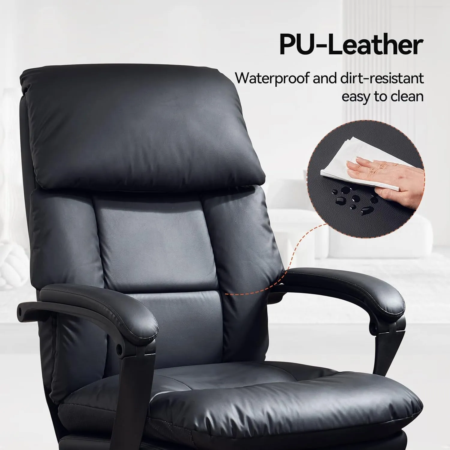 EMIAH Office Chair with Foot Rest, Ergonomic Executive Office Chair with Arms, Reclining High Back PU Leather Comfy Swivel Computer Desk Chairs with Wheels and Lumbar Support for Home Office, Black