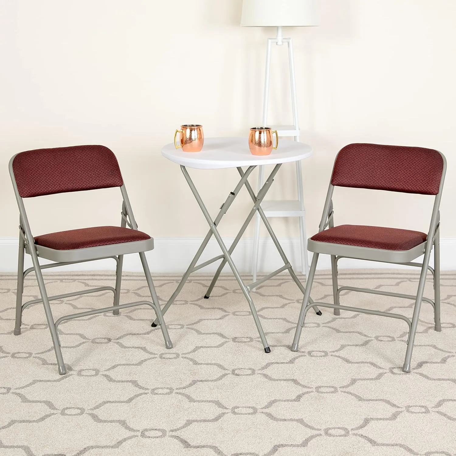 EMMA   OLIVER 2 Pack Curved Triple Braced Burgundy Patterned Fabric Metal Folding Chair