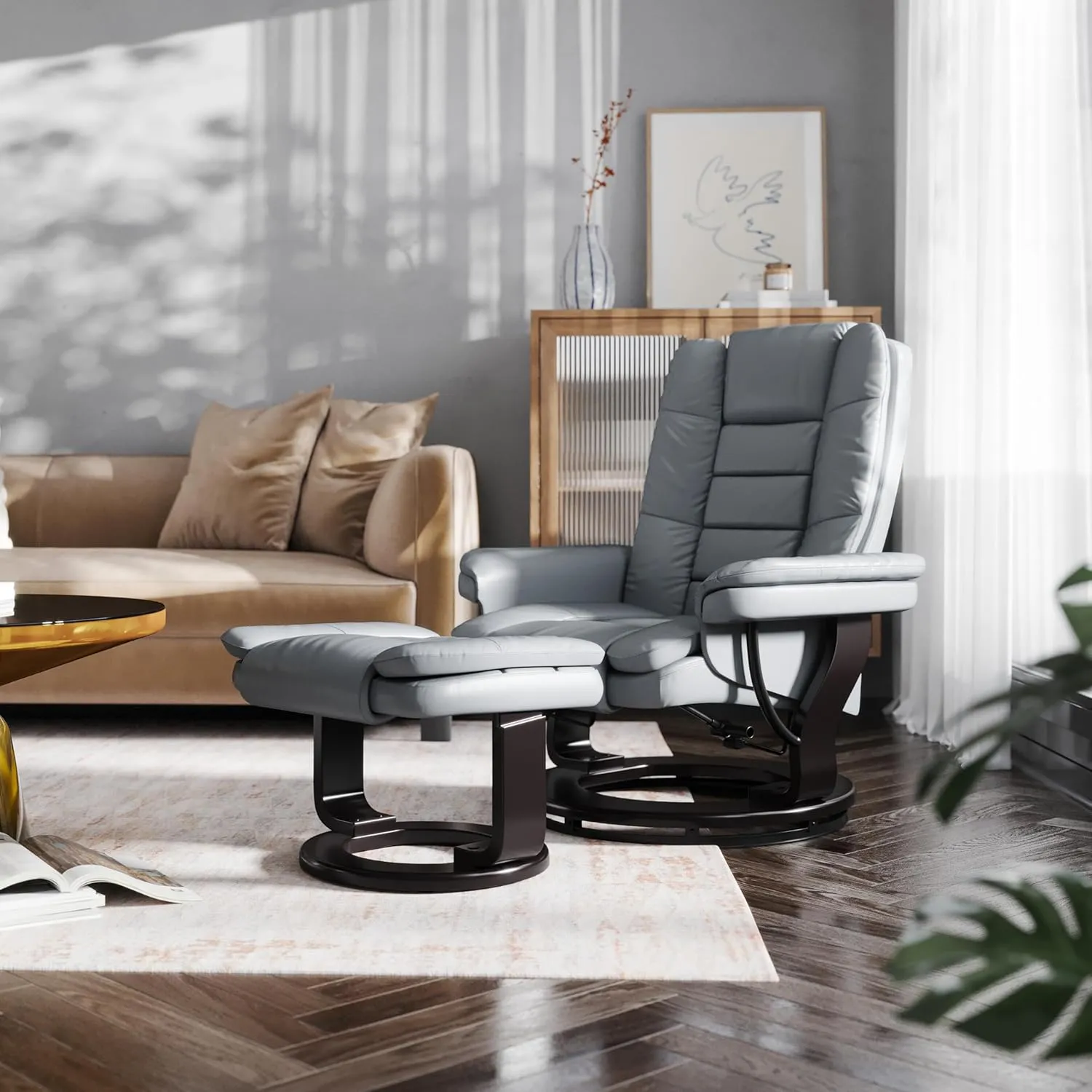 EMMA   OLIVER Brooke Contemporary Multi-Position Recliner with Horizontal Stitching and Ottoman with Swivel Mahogany Wood Base in Gray Faux Leather