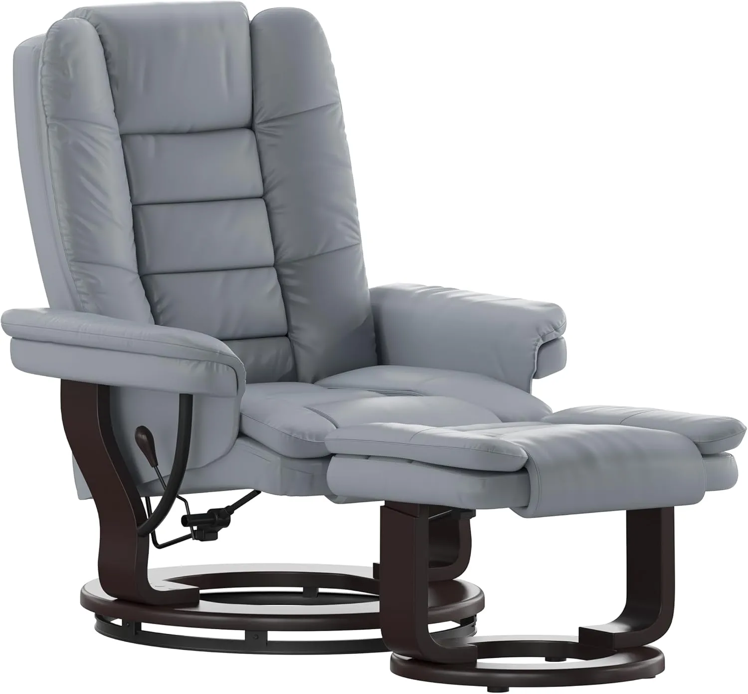 EMMA   OLIVER Brooke Contemporary Multi-Position Recliner with Horizontal Stitching and Ottoman with Swivel Mahogany Wood Base in Gray Faux Leather