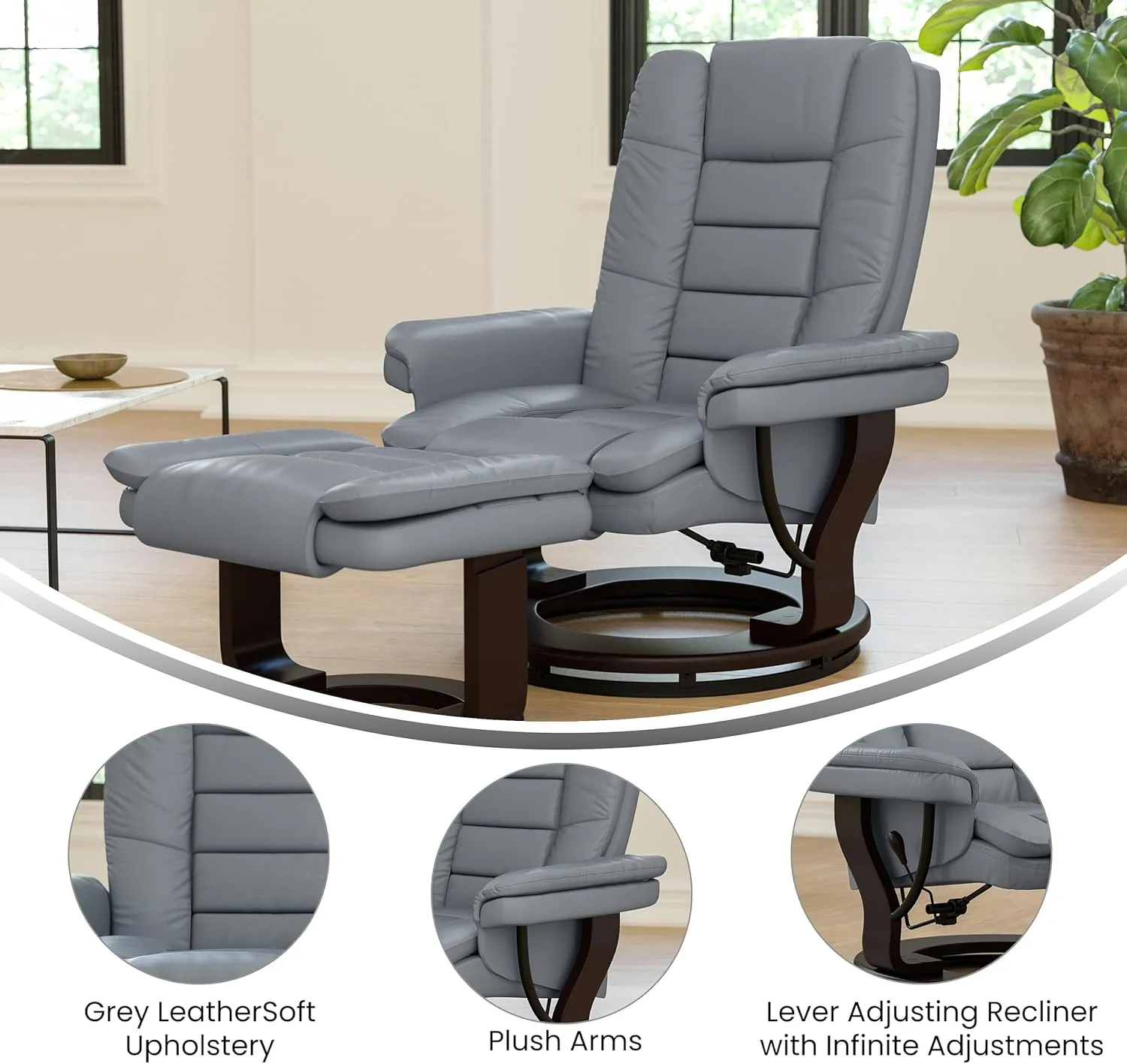 EMMA   OLIVER Brooke Contemporary Multi-Position Recliner with Horizontal Stitching and Ottoman with Swivel Mahogany Wood Base in Gray Faux Leather