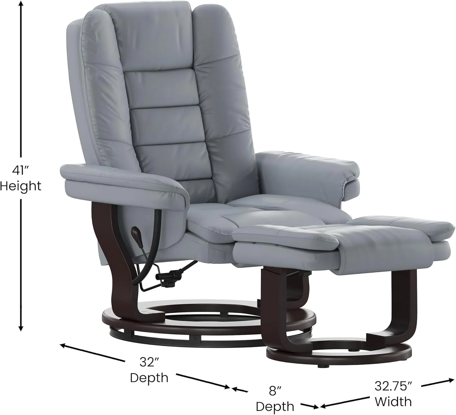 EMMA   OLIVER Brooke Contemporary Multi-Position Recliner with Horizontal Stitching and Ottoman with Swivel Mahogany Wood Base in Gray Faux Leather