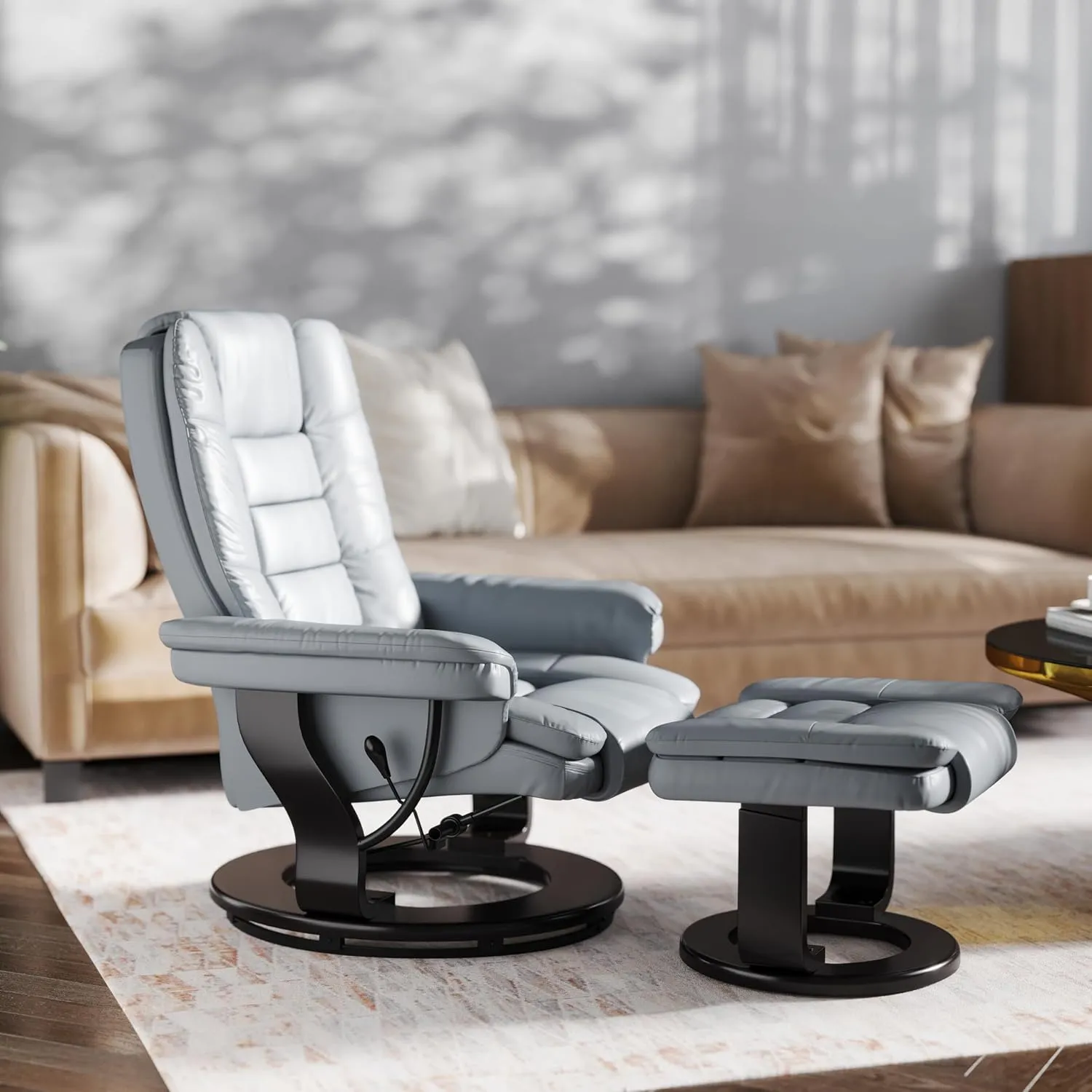 EMMA   OLIVER Brooke Contemporary Multi-Position Recliner with Horizontal Stitching and Ottoman with Swivel Mahogany Wood Base in Gray Faux Leather