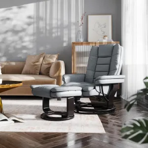 EMMA   OLIVER Brooke Contemporary Multi-Position Recliner with Horizontal Stitching and Ottoman with Swivel Mahogany Wood Base in Gray Faux Leather