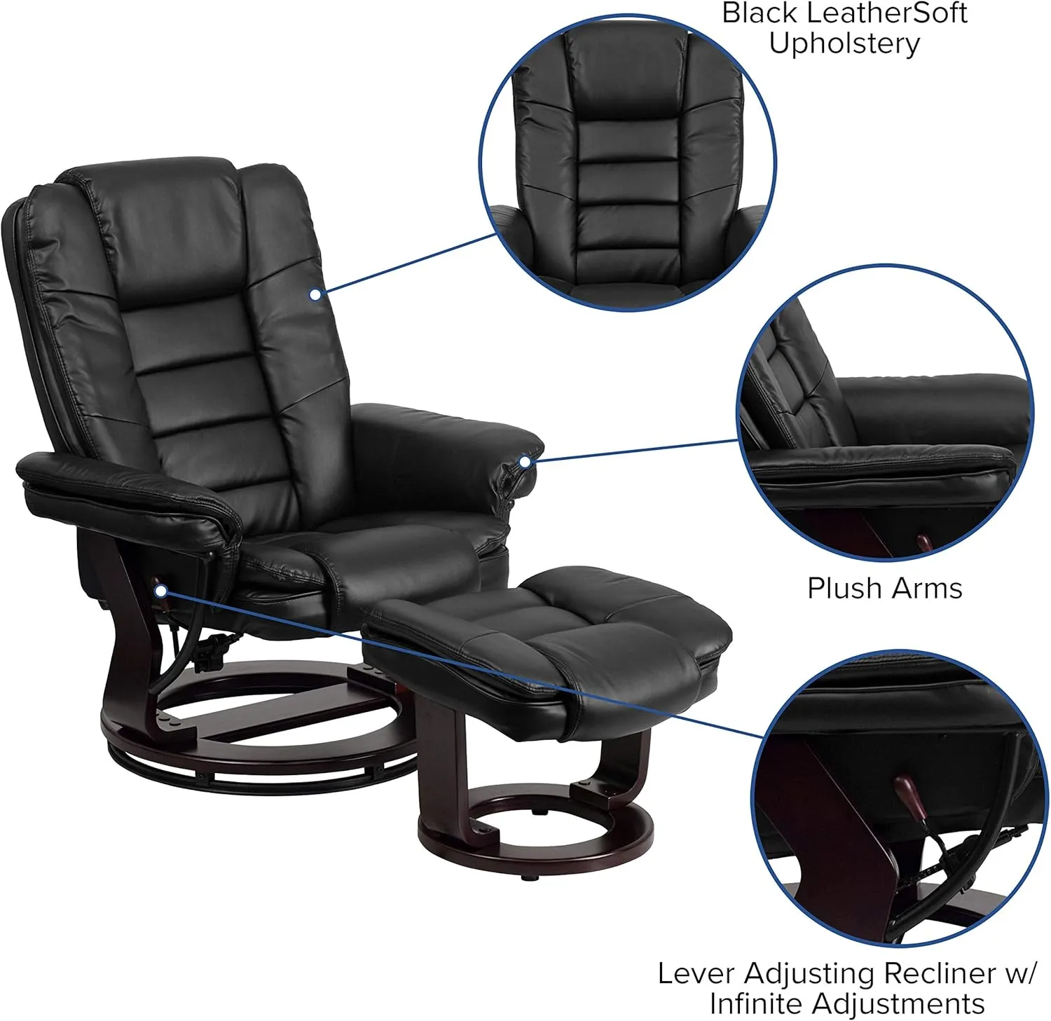 EMMA   OLIVER Multi-Position Stitched Recliner & Ottoman with Swivel Base in Black LeatherSoft