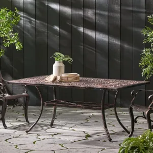 Enhance Outdoor Gatherings with Rectangular Cast Aluminum Dining Table, Floral-Cut Design, Seats 6, Shiny Copper