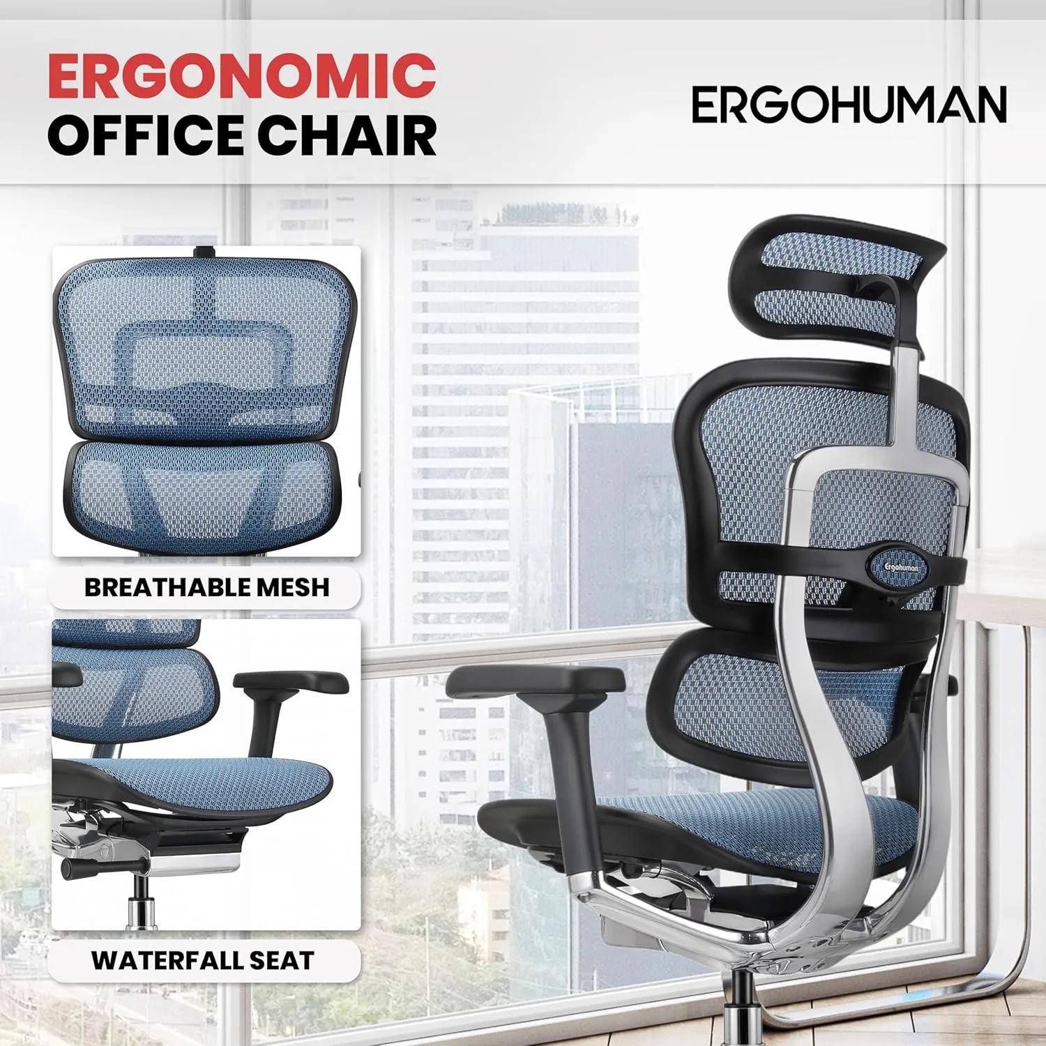 Ergohuman Eurotech GEN2 High Back, Mesh Executive Office Chair with Adjustable Lumbar Support – Ergonomic Tilt Control, Seat Slider, Armrests and Headrest Adjustment, Blue