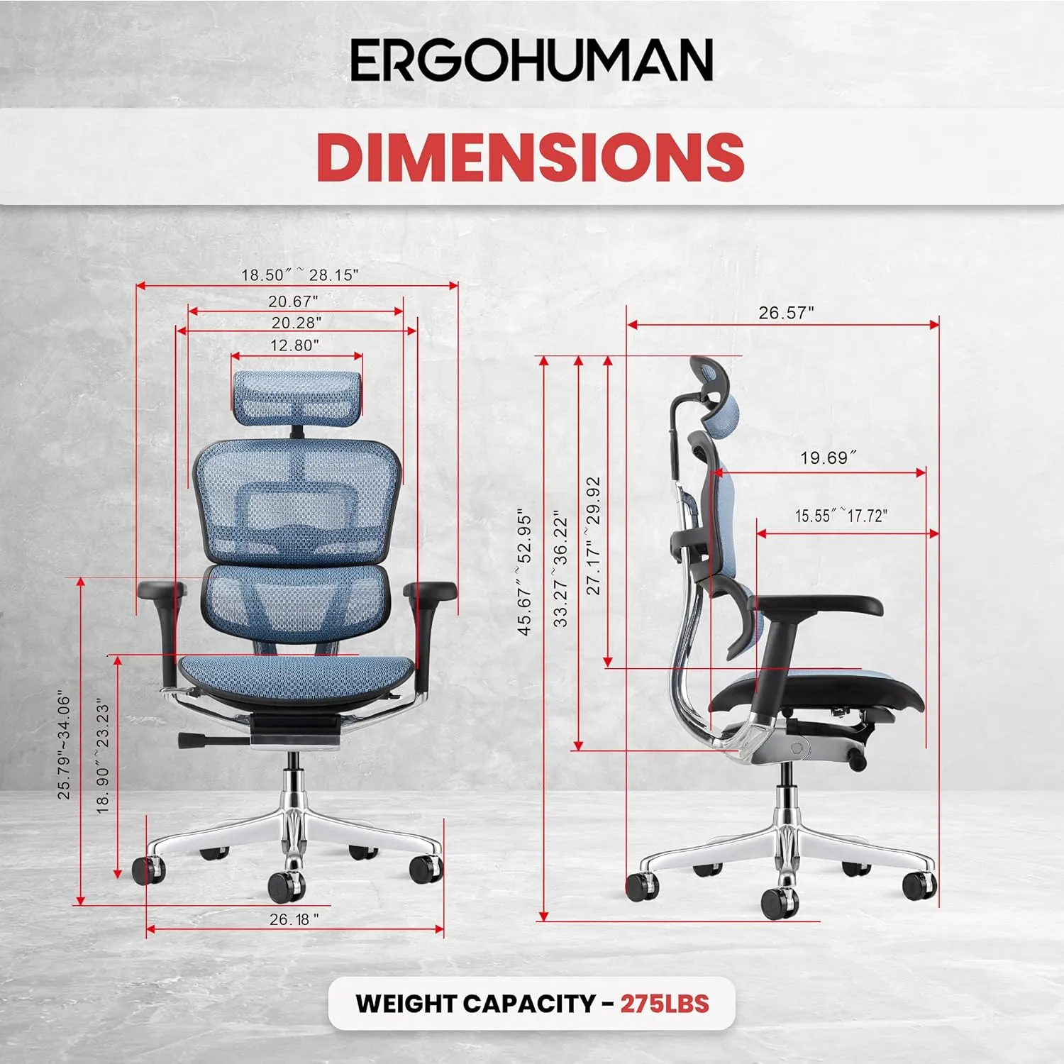 Ergohuman Eurotech GEN2 High Back, Mesh Executive Office Chair with Adjustable Lumbar Support – Ergonomic Tilt Control, Seat Slider, Armrests and Headrest Adjustment, Blue