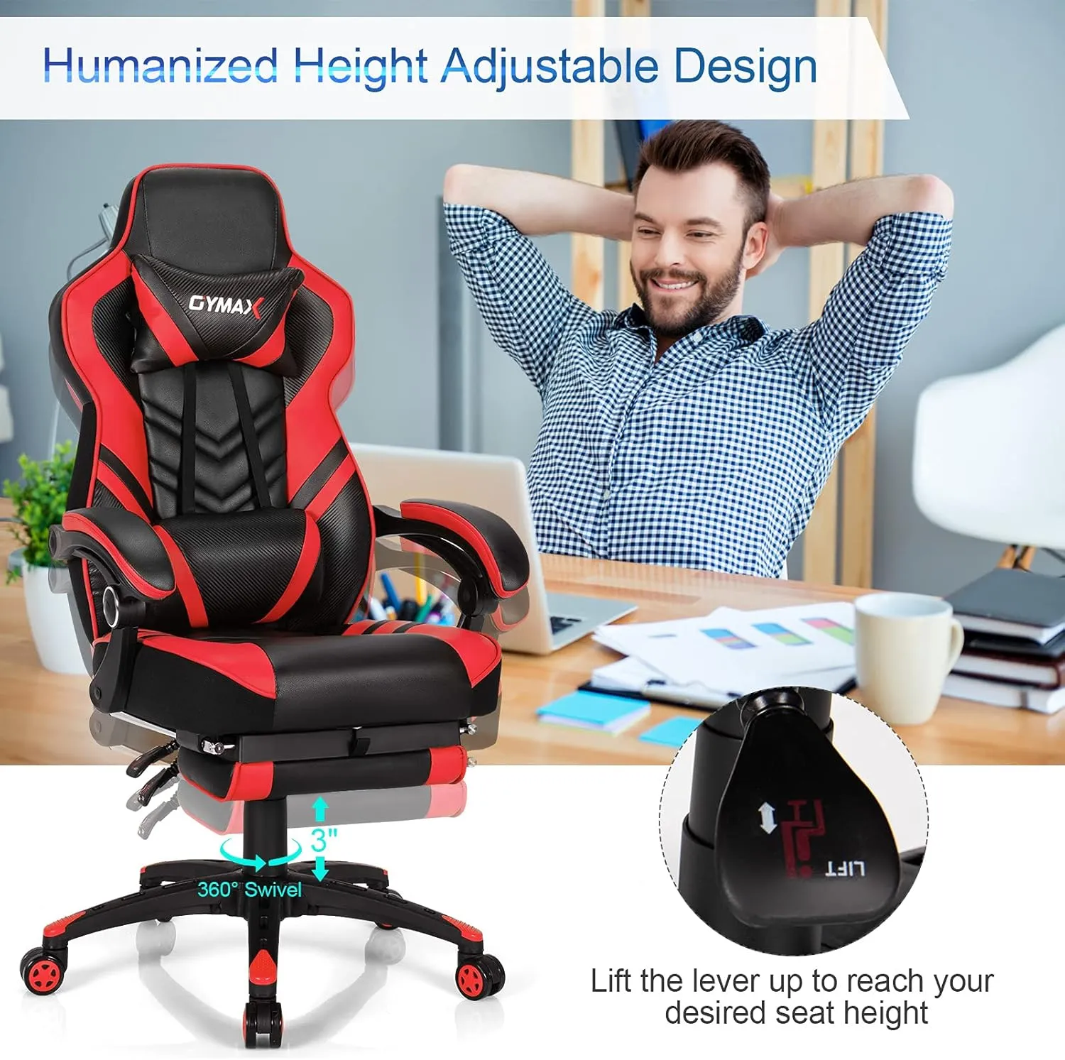 Ergonomic Gaming Chair, Reclining High Back Computer Chair with Lumbar Support, Headrest, Retractable Footrest for Adults Teens Red