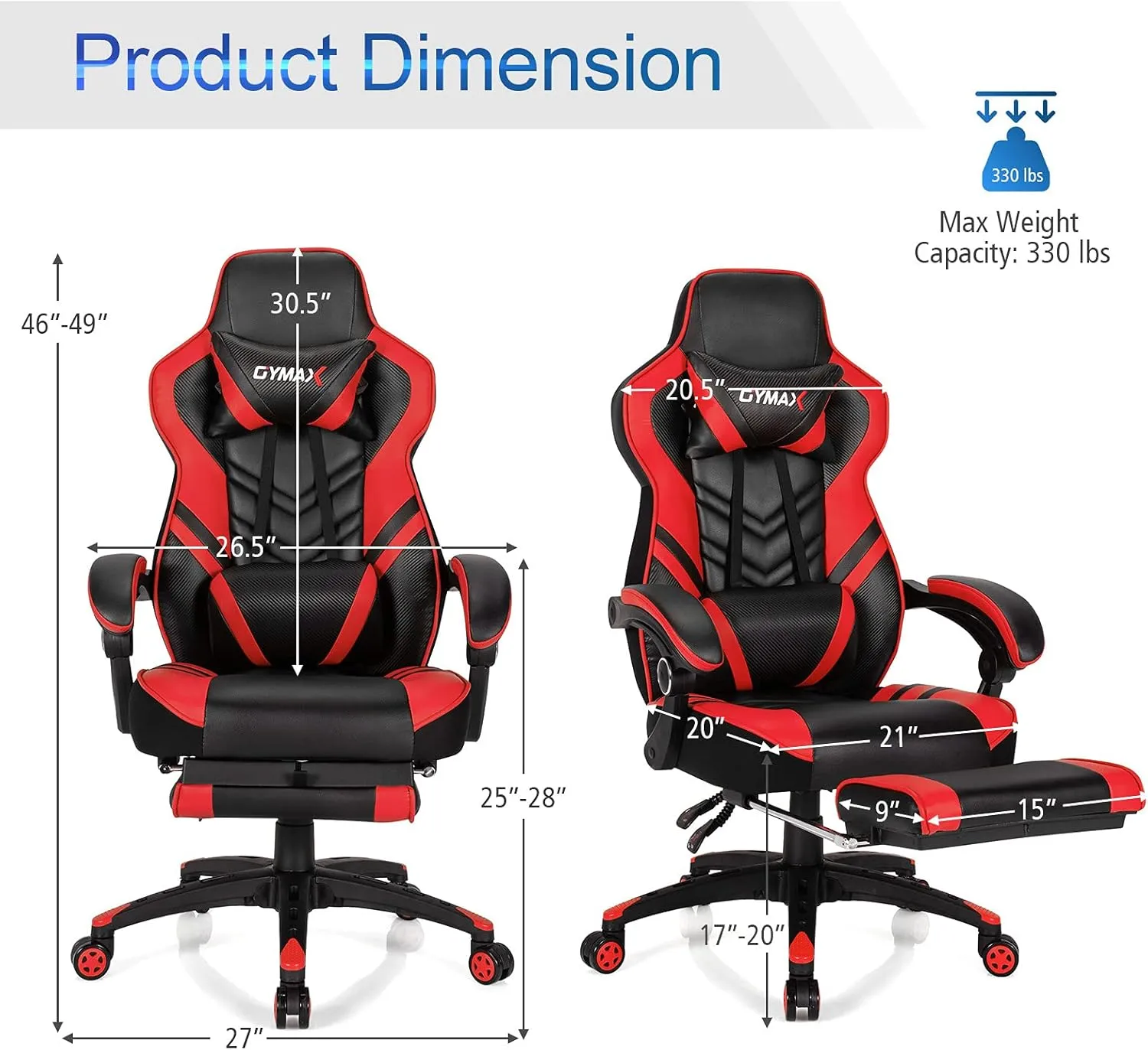 Ergonomic Gaming Chair, Reclining High Back Computer Chair with Lumbar Support, Headrest, Retractable Footrest for Adults Teens Red