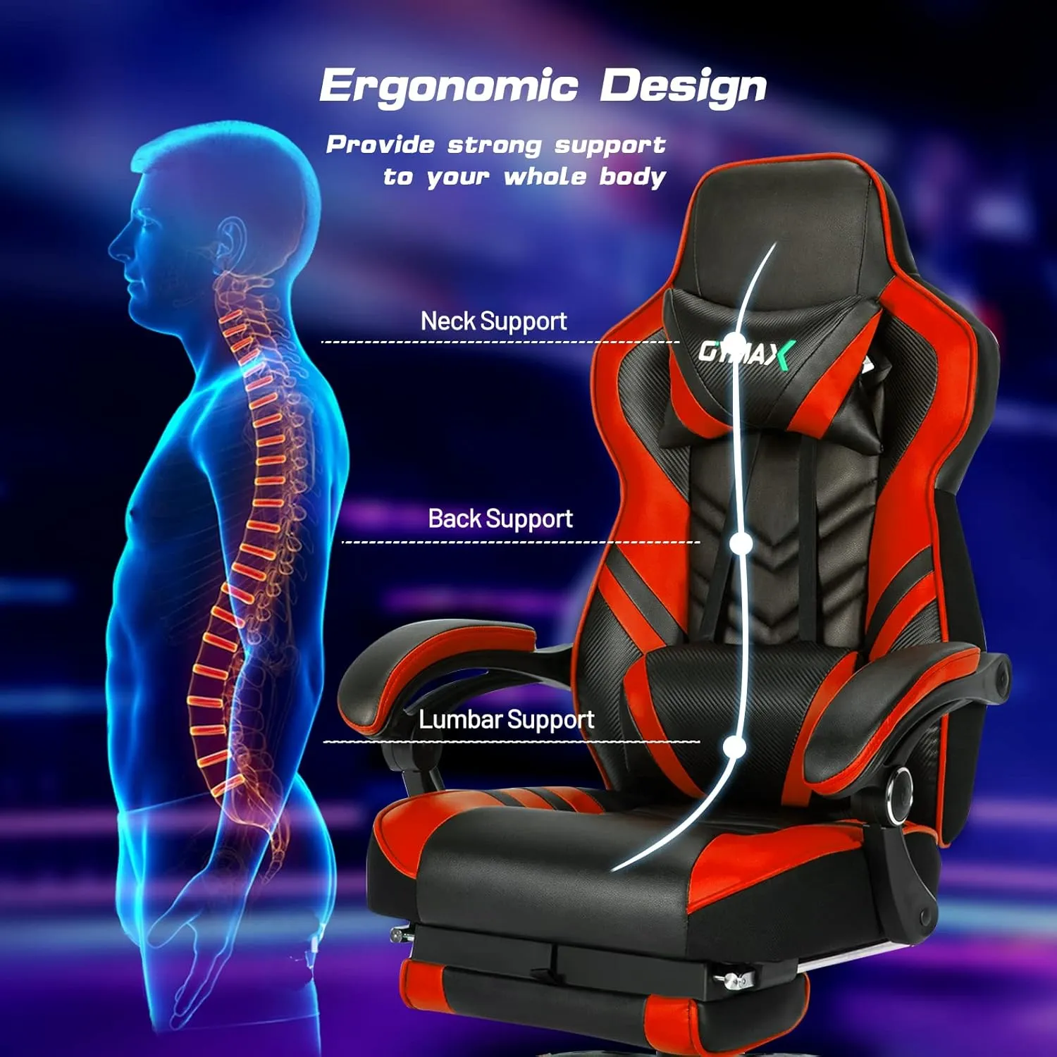 Ergonomic Gaming Chair, Reclining High Back Computer Chair with Lumbar Support, Headrest, Retractable Footrest for Adults Teens Red