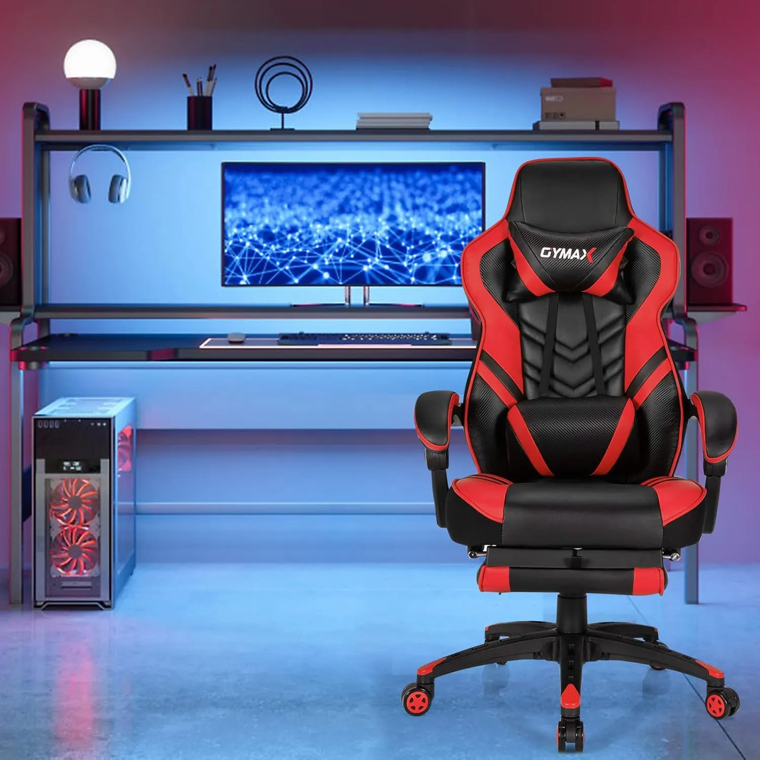Ergonomic Gaming Chair, Reclining High Back Computer Chair with Lumbar Support, Headrest, Retractable Footrest for Adults Teens Red