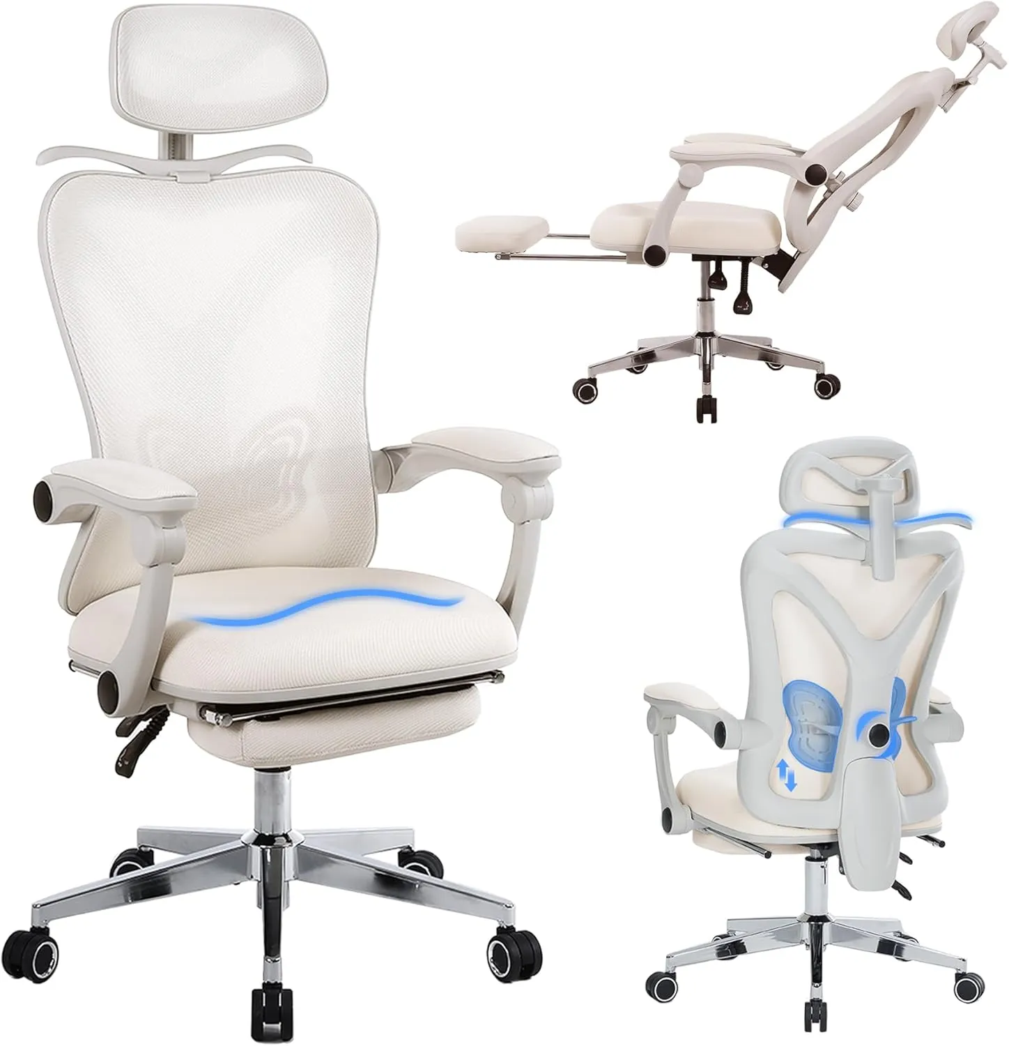 Ergonomic Office Chair with Footrest Home Office Desk Chair with Adjustable Lumbar Support and 3D Headrest, Mesh Comfortable Gaming Work Chair for Study Work