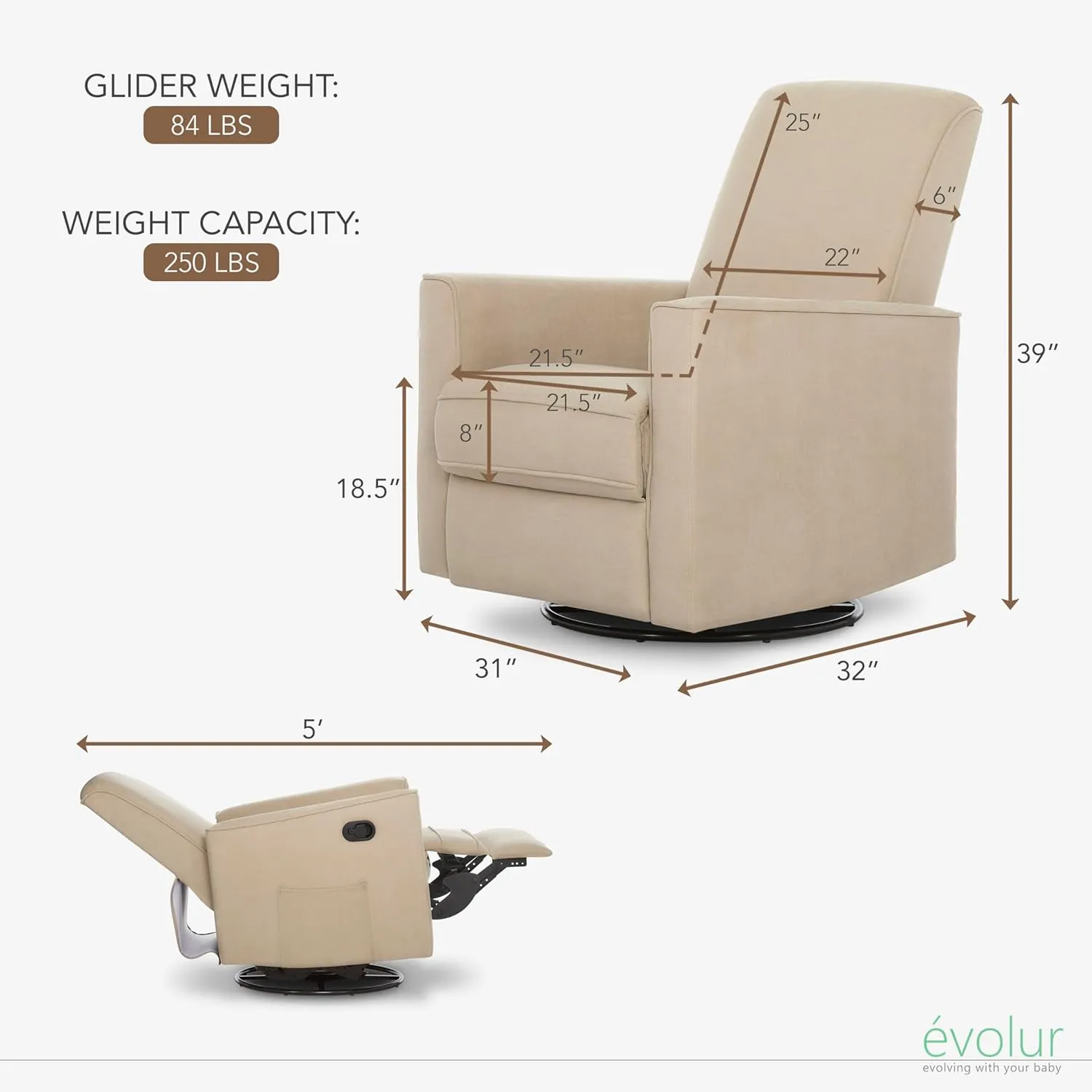 Evolur Raleigh Glider in Tan, Upholstered Plush Seating 360° Swivel Glider Rocking Chair, FSC Certified, Greenguard Gold & JPMA Certified Nursery Glider Recliner