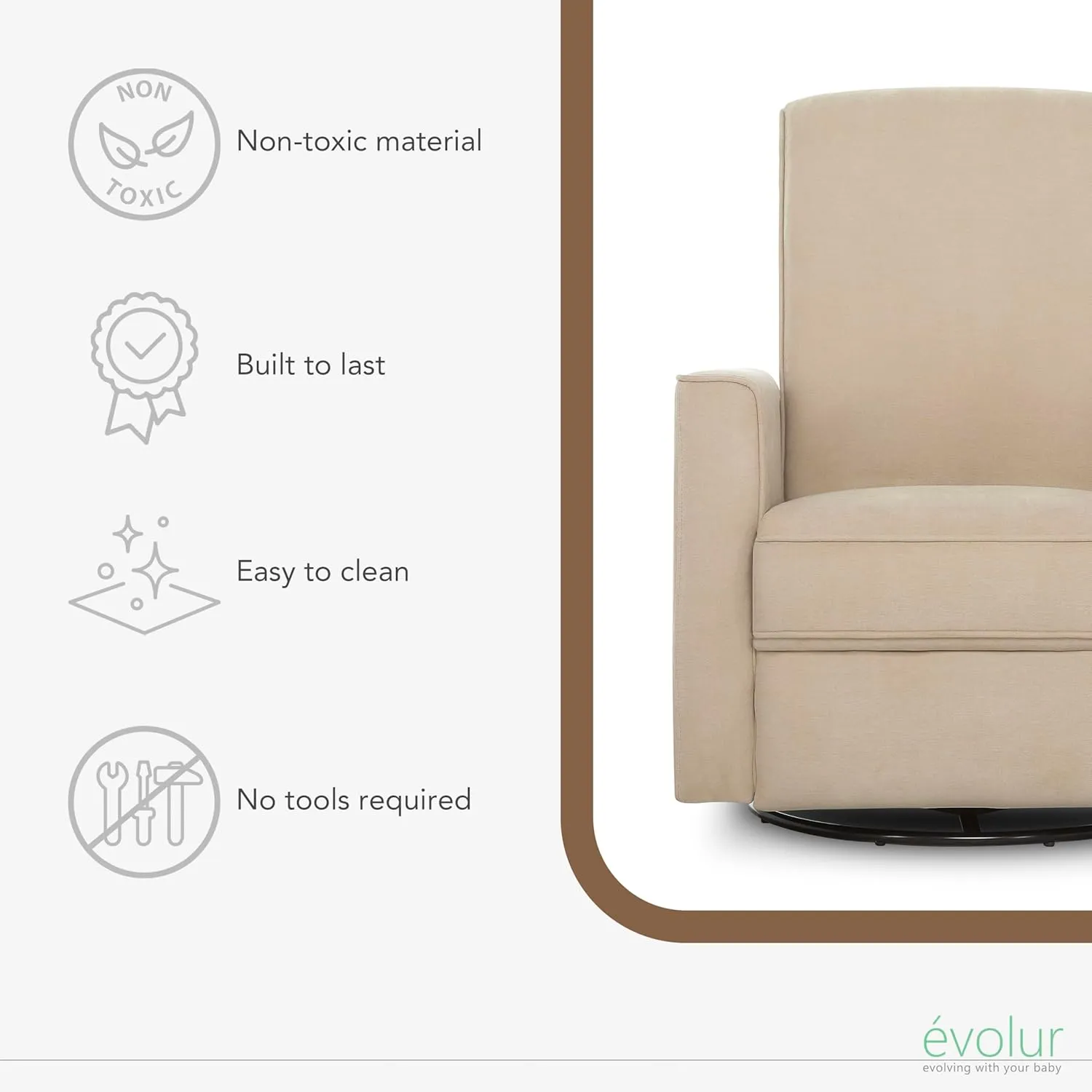 Evolur Raleigh Glider in Tan, Upholstered Plush Seating 360° Swivel Glider Rocking Chair, FSC Certified, Greenguard Gold & JPMA Certified Nursery Glider Recliner