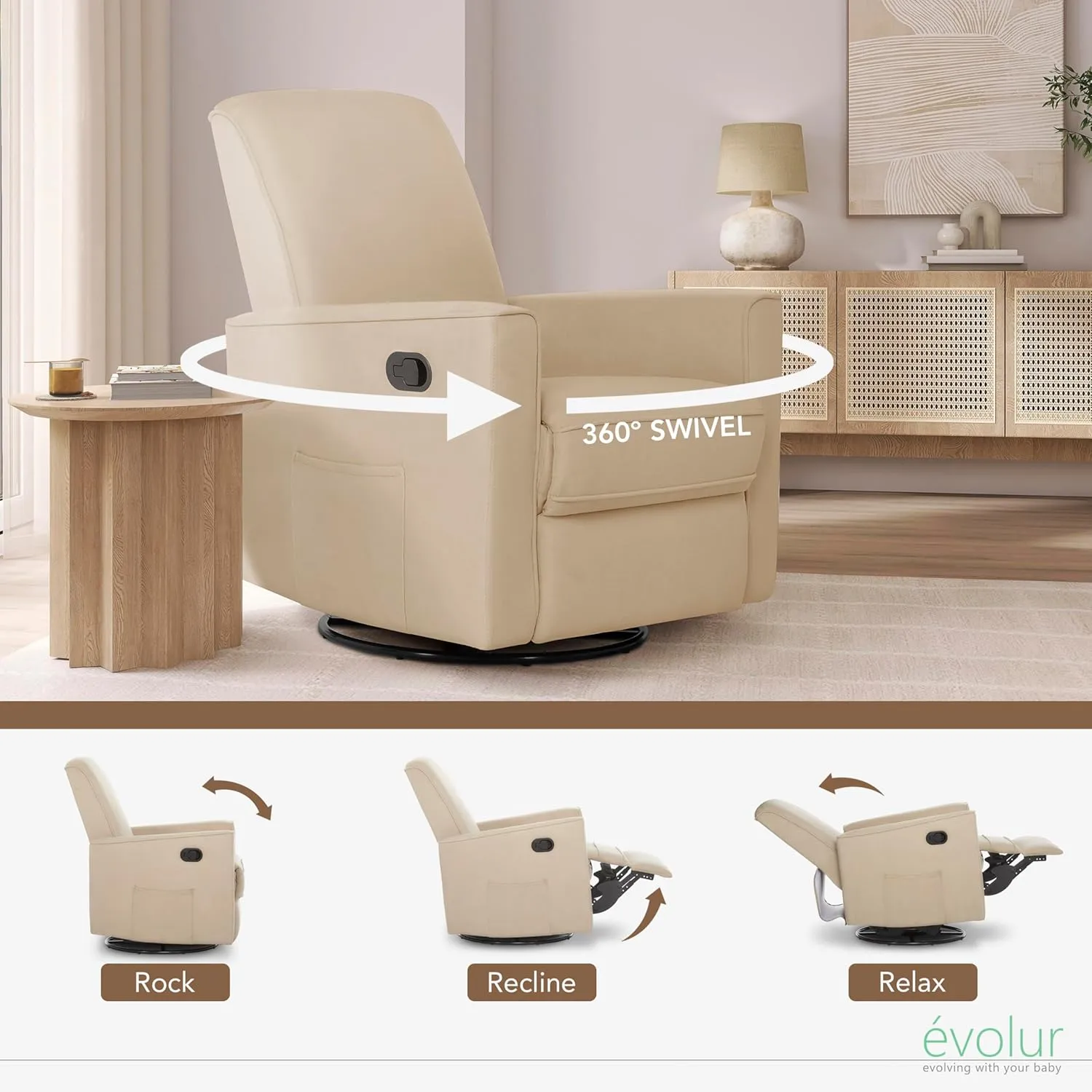 Evolur Raleigh Glider in Tan, Upholstered Plush Seating 360° Swivel Glider Rocking Chair, FSC Certified, Greenguard Gold & JPMA Certified Nursery Glider Recliner