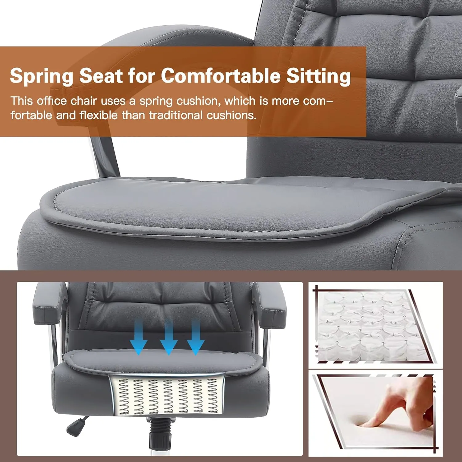 Executive Office Chair Adjustable Leather Chair High Back Swivel Office Desk Chair with Padded Armrest 350lbs Task Chair Spring Seat Computer Desk Chair for Home Office (Gray)
