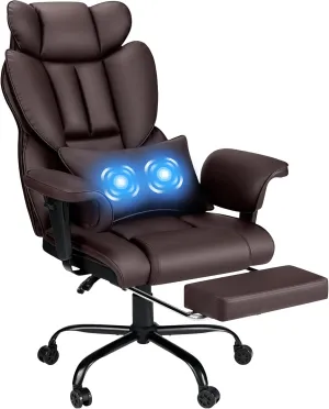 Executive Office Chair Big and Tall with Massage 450lbs Heavy Duty Desk Chair with Lumbar Support Reclining Office Chair with Footrest High Back Ergonomic Leather Chair for Heavy People Brown
